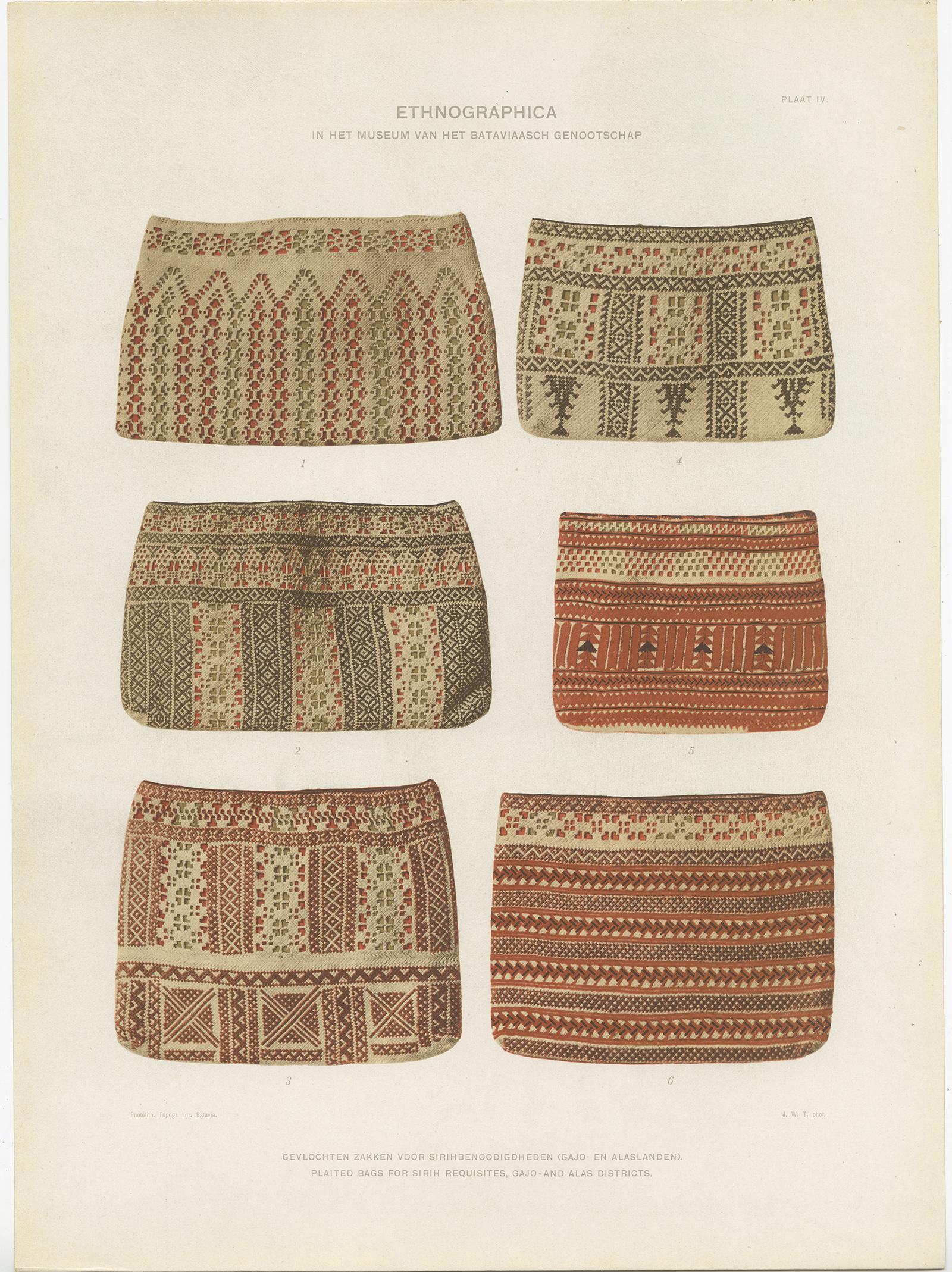 Twelve Prints of Ethnographic Items of Batavia Published by J.W. Teillers '1910' In Good Condition For Sale In Langweer, NL