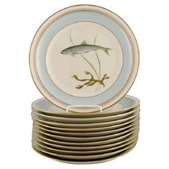 Twelve Royal Copenhagen Porcelain Dinner Plates with Hand-Painted Fish Motifs