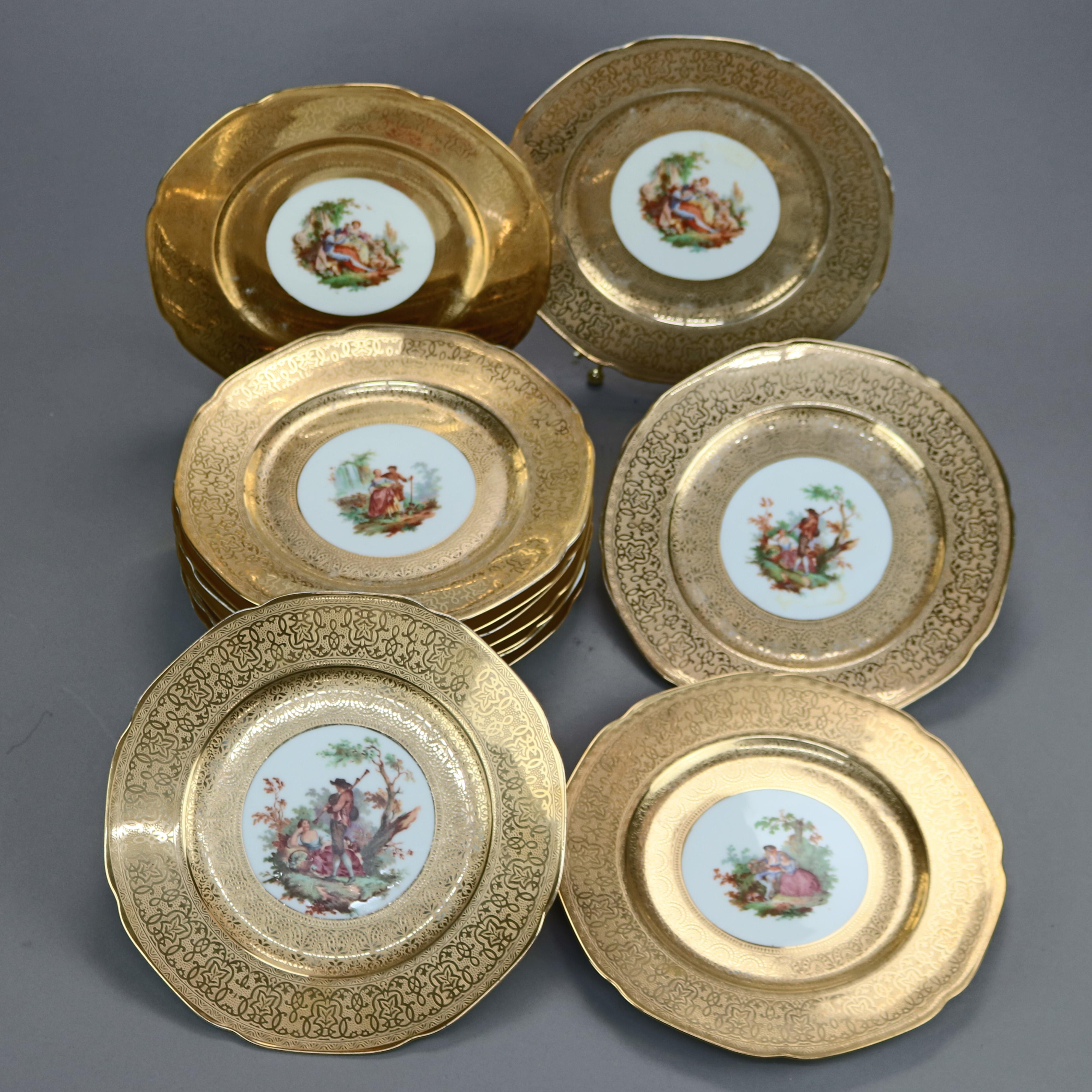 A set of 12 dinner plates by Royal Crown offer porcelain construction with gilt rims and genre courting scenes in wells, maker mark en verso as photographed, c1930

Measures - 1.25'' H x 10.25'' W x 10.25'' D.

Catalogue Note: Ask about DISCOUNTED