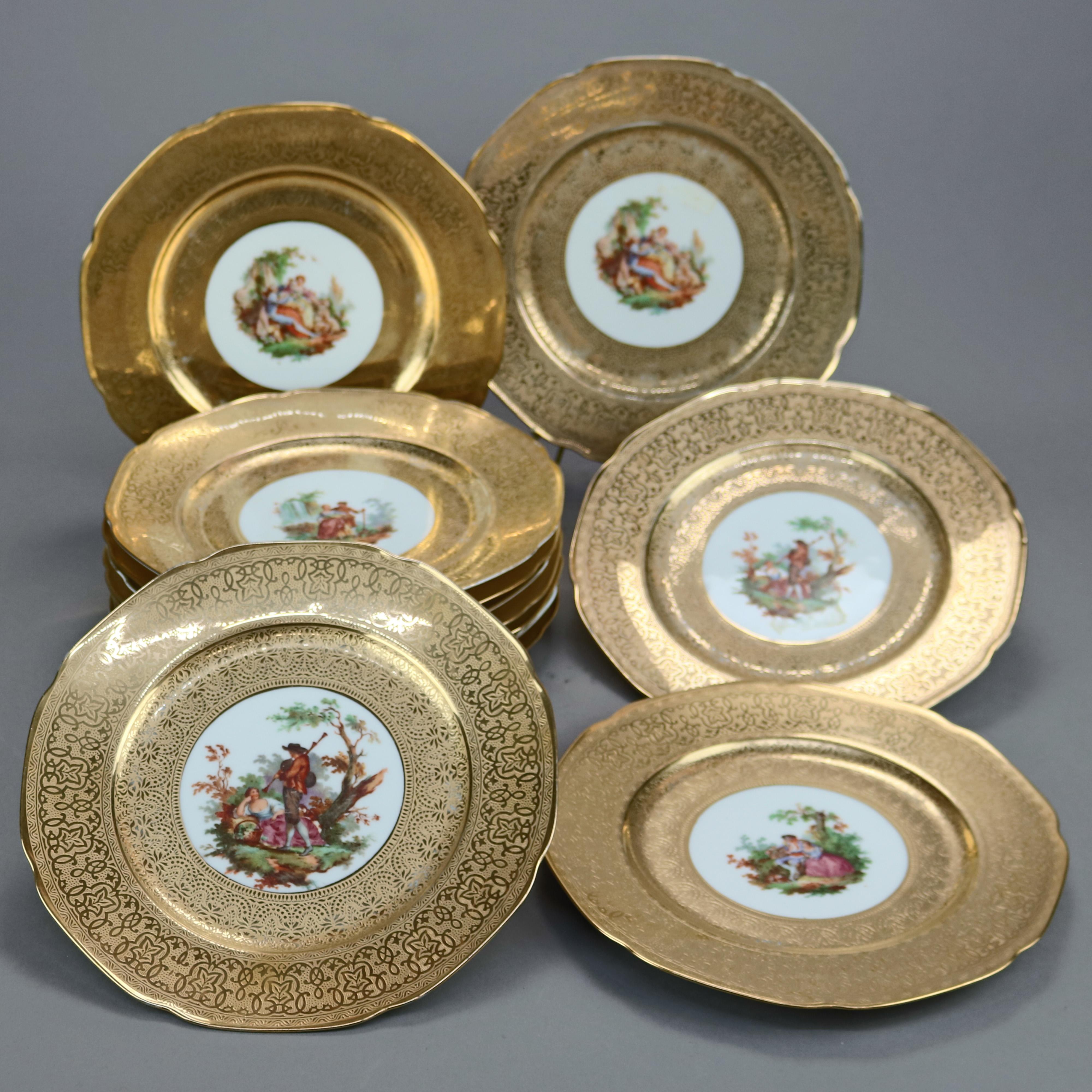 Twelve Royal-Crown Enameled & Gold Gilt Porcelain Scenic Dinner Plates, c1930 In Good Condition In Big Flats, NY