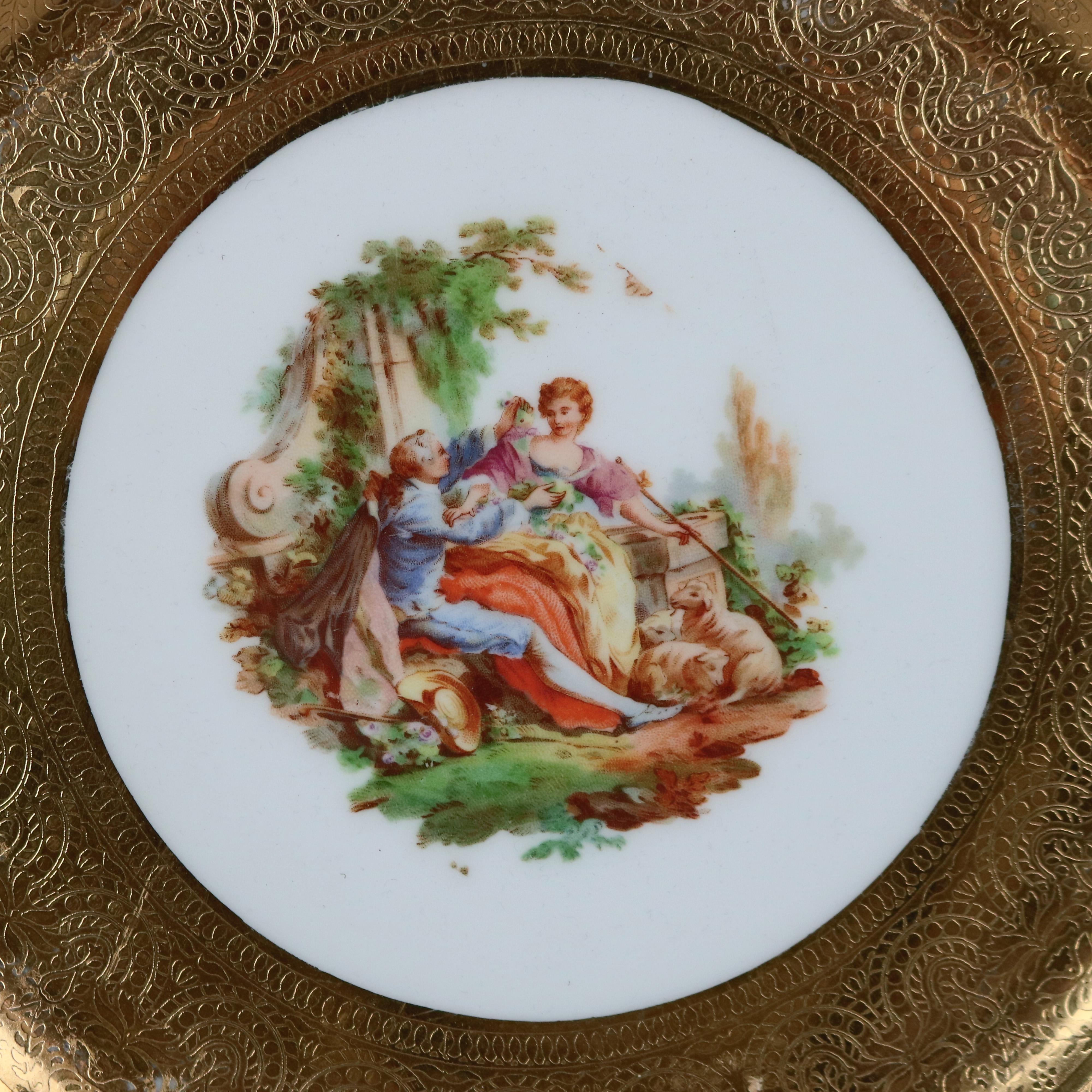 Twelve Royal-Crown Enameled & Gold Gilt Porcelain Scenic Dinner Plates, c1930 1