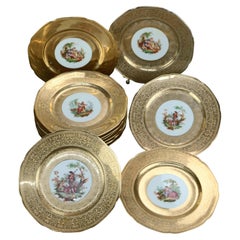 Twelve Royal-Crown Enameled & Gold Gilt Porcelain Scenic Dinner Plates, c1930