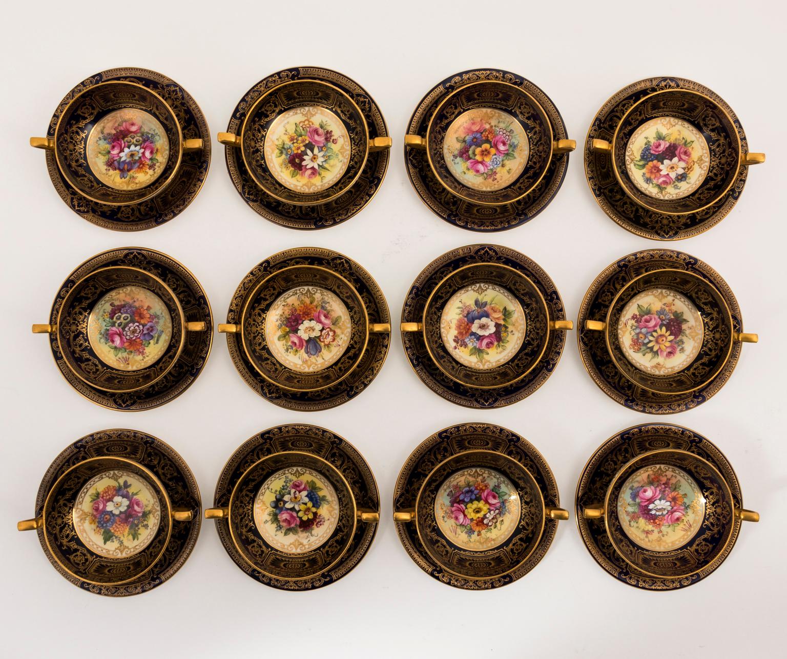 Hand-Painted Twelve Royal Worcester Bouillon Cups and Underplates For Sale