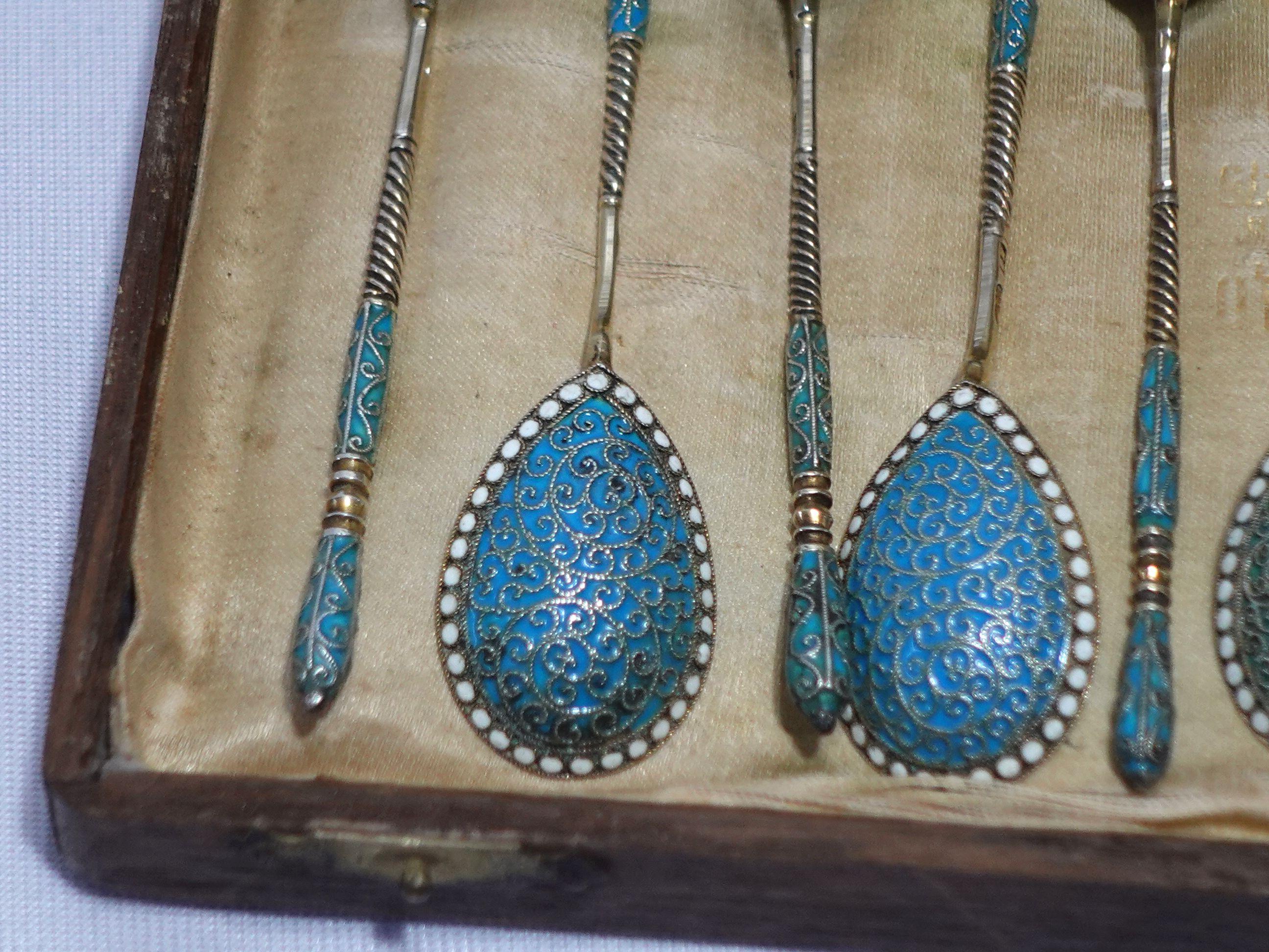 Hand-Crafted Twelve Russian .875 Silver Gilt and Cloisonne Enamel Demitasse Spoons For Sale