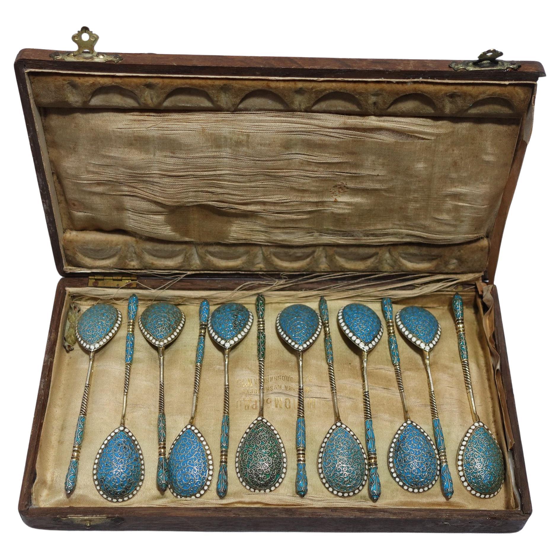 Twelve Russian .875 Silver Gilt and Cloisonne Enamel Demitasse Spoons For Sale