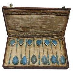 Antique Twelve Russian .875 Silver Gilt and Cloisonne Enamel Demitasse Spoons