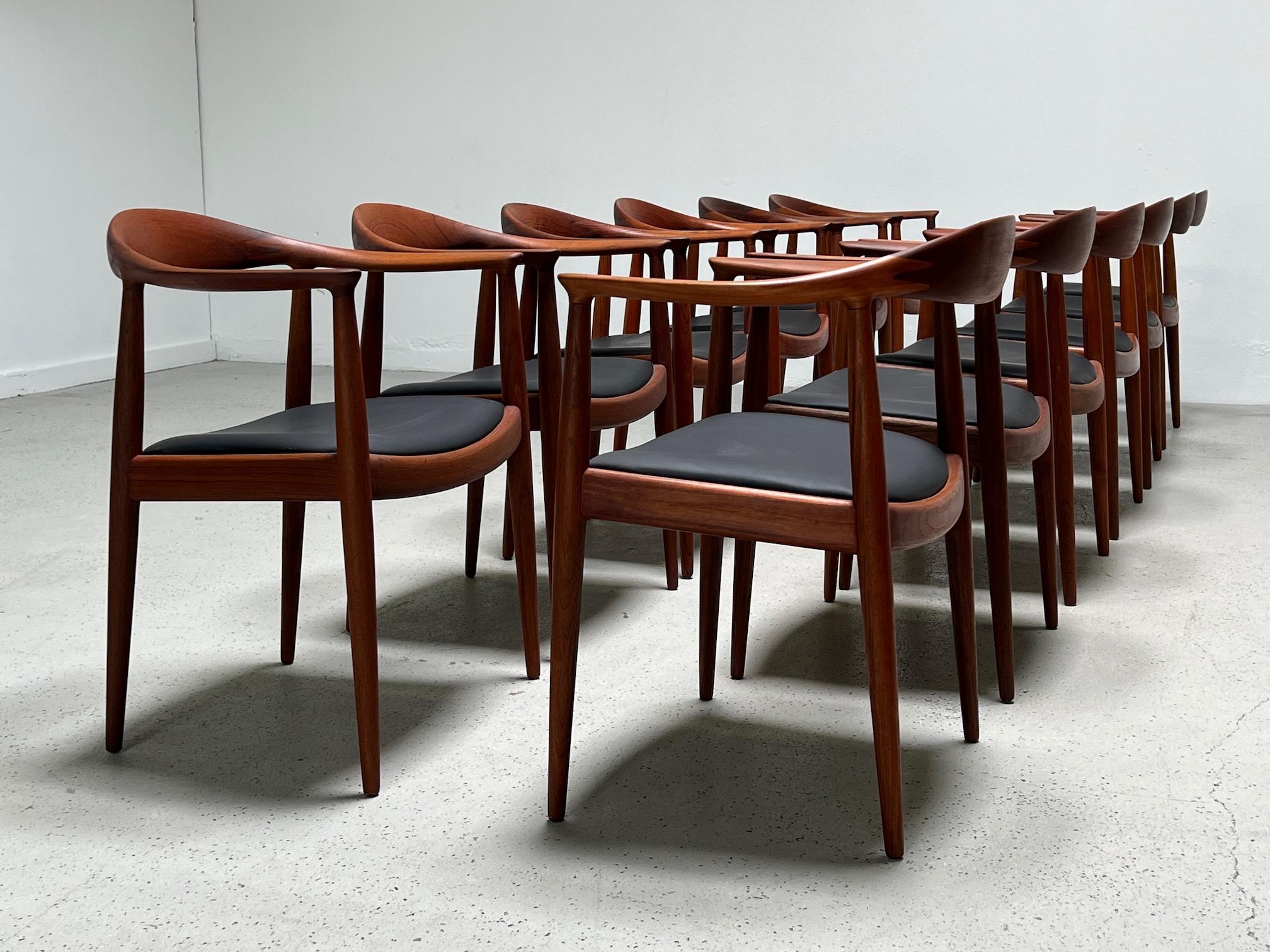 Leather Twelve Teak Round Chairs by Hans Wegner