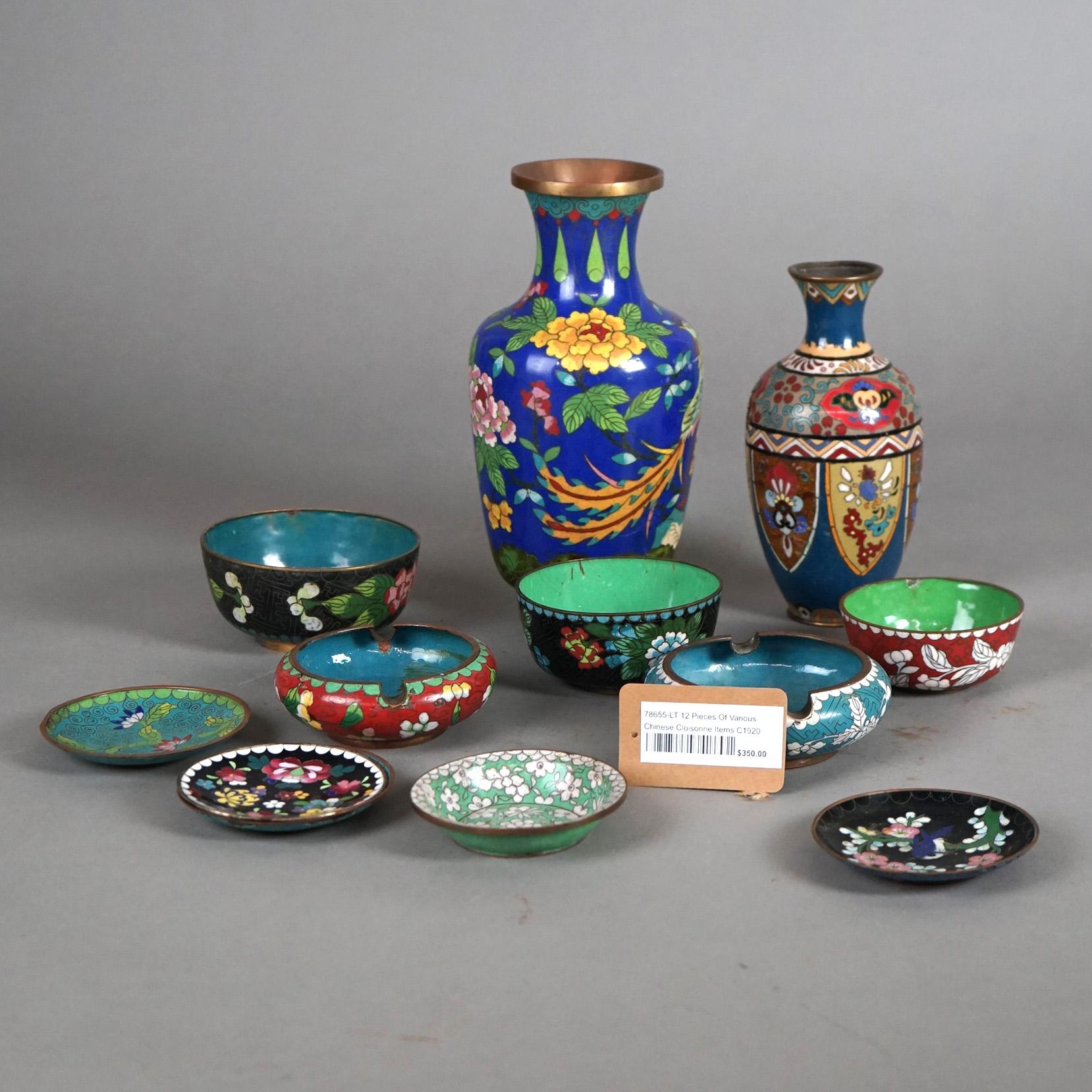 Asian Twelve Various Chinese Cloisonne Floral Enameled Items C1920 For Sale