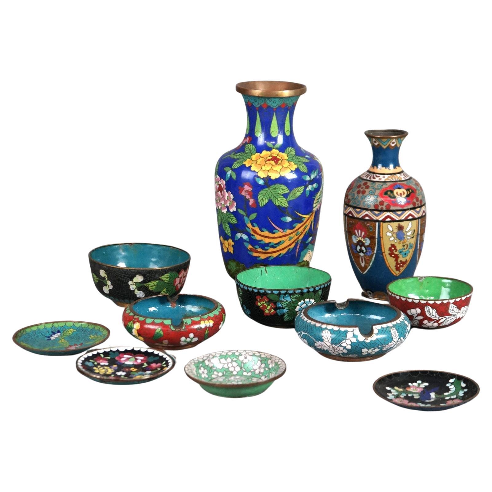 Doce Objetos Varios Chinos de Cloisonné Floral Esmaltado C1920