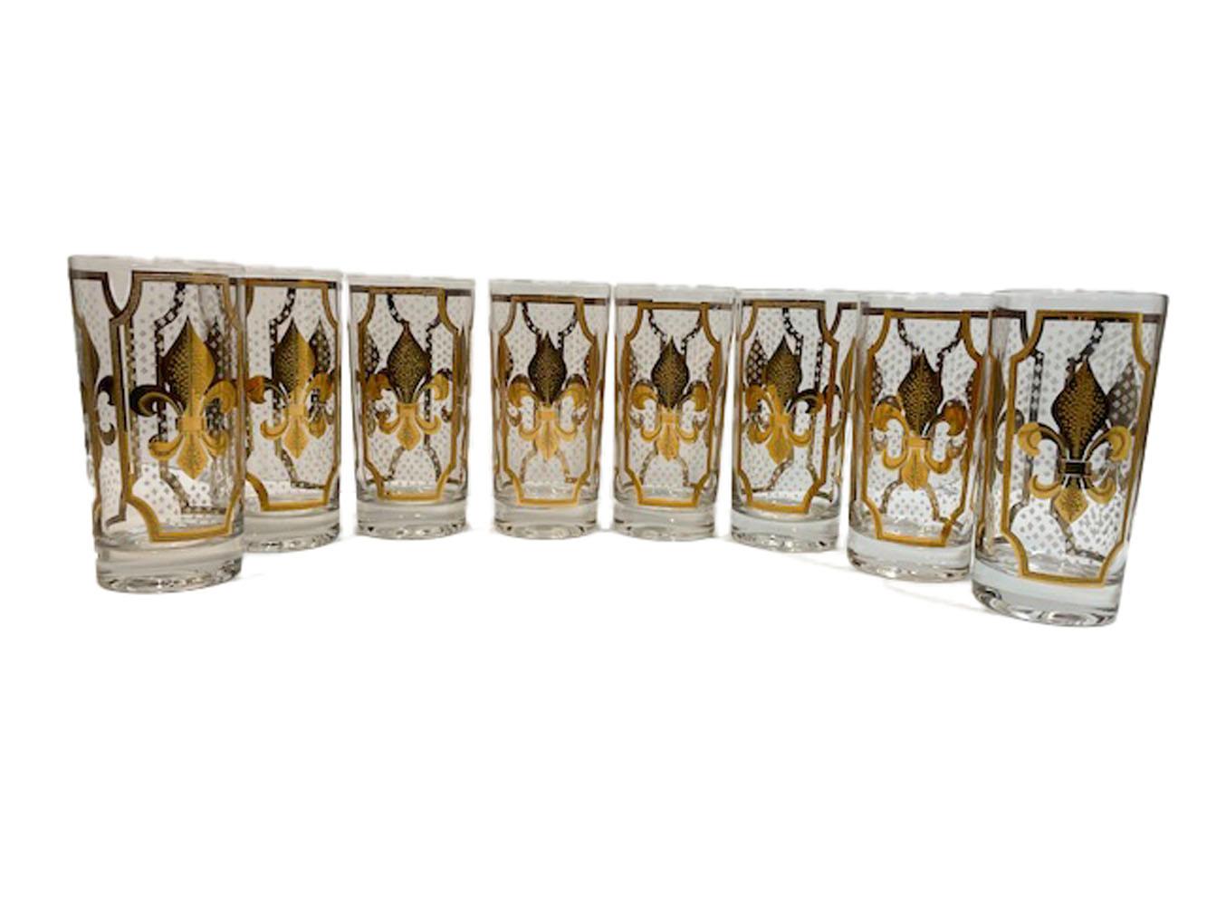 Mid-Century Modern Twelve Vintage Fred Press Fleur De Lis Highball Glasses in 22 Karat Gold For Sale