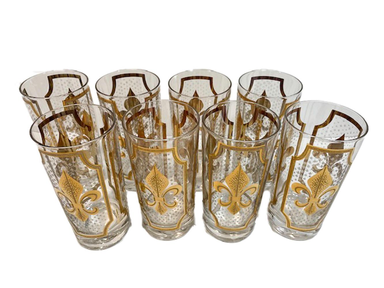 American Twelve Vintage Fred Press Fleur De Lis Highball Glasses in 22 Karat Gold For Sale