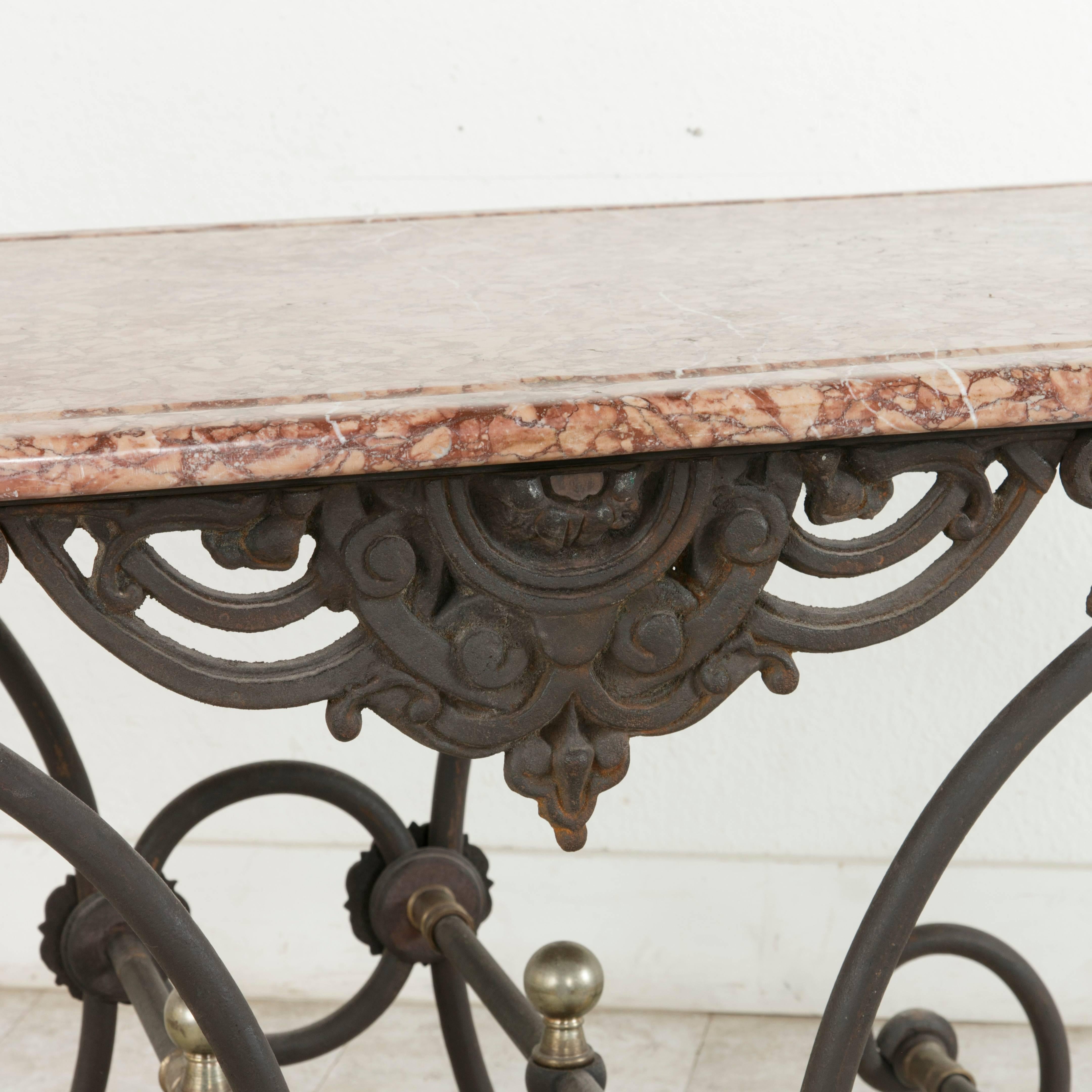 20th Century French Iron Pastry Table with Marble Top and Brass Detailing 6
