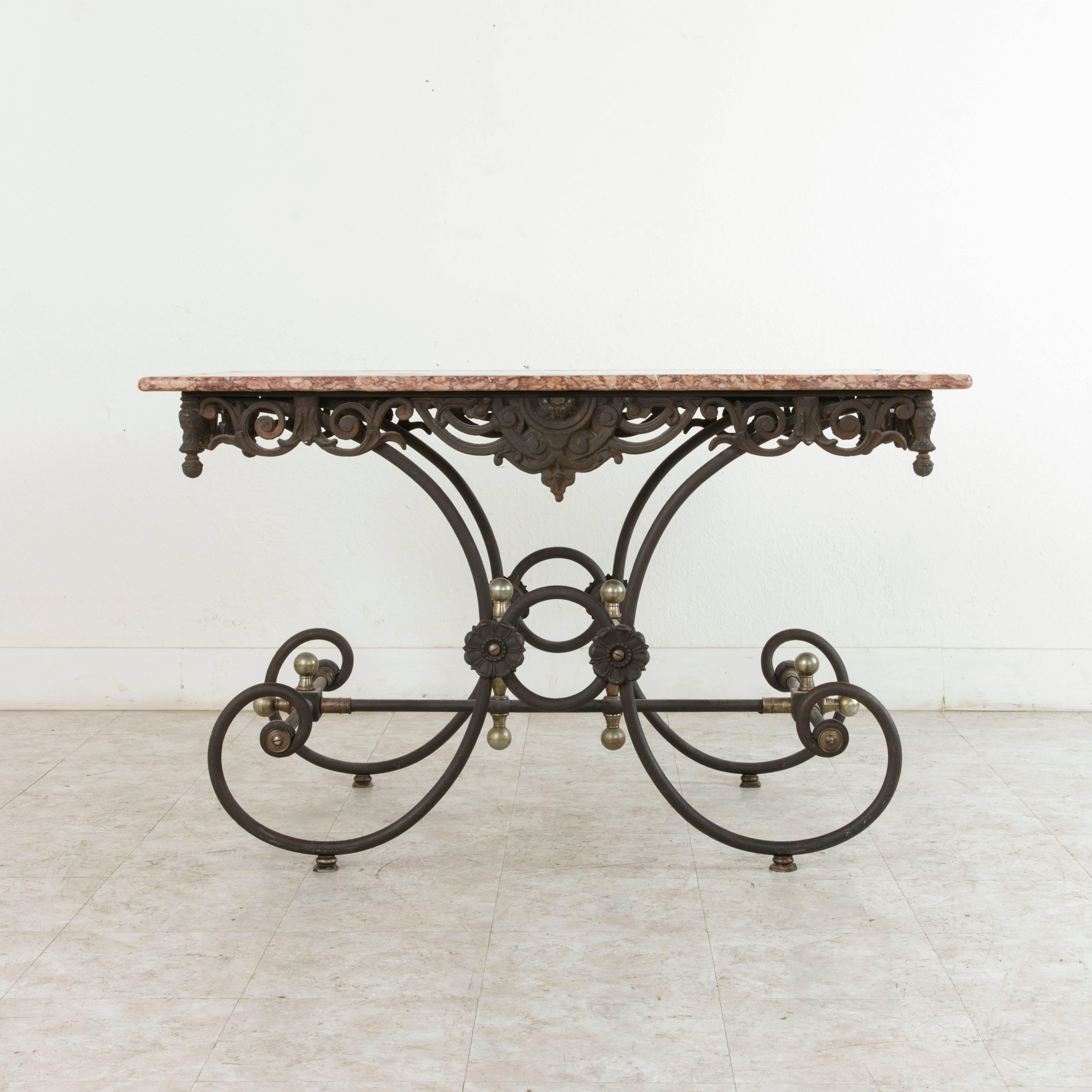 Cast 20th Century French Iron Pastry Table with Marble Top and Brass Detailing