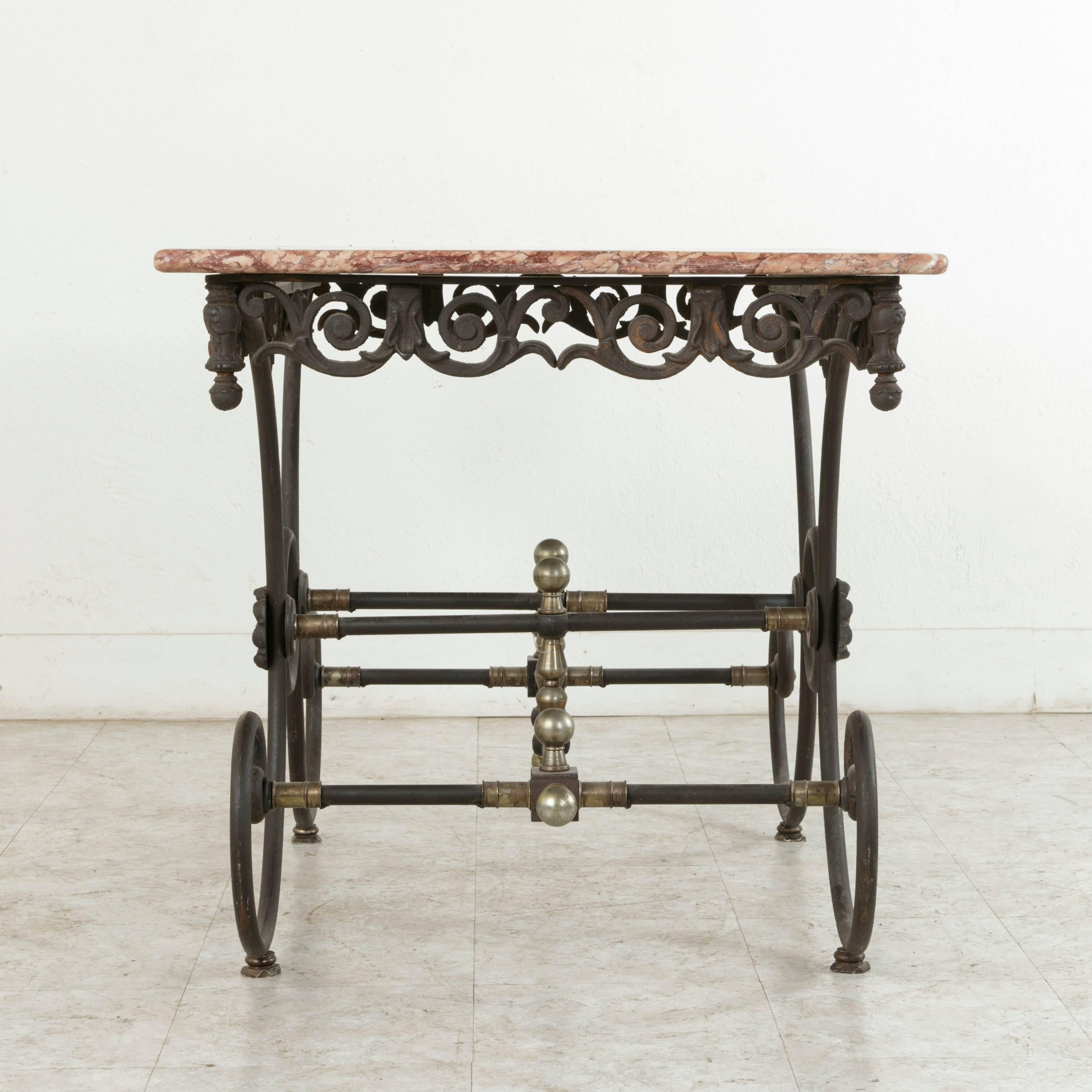 20th Century French Iron Pastry Table with Marble Top and Brass Detailing In Excellent Condition In Fayetteville, AR