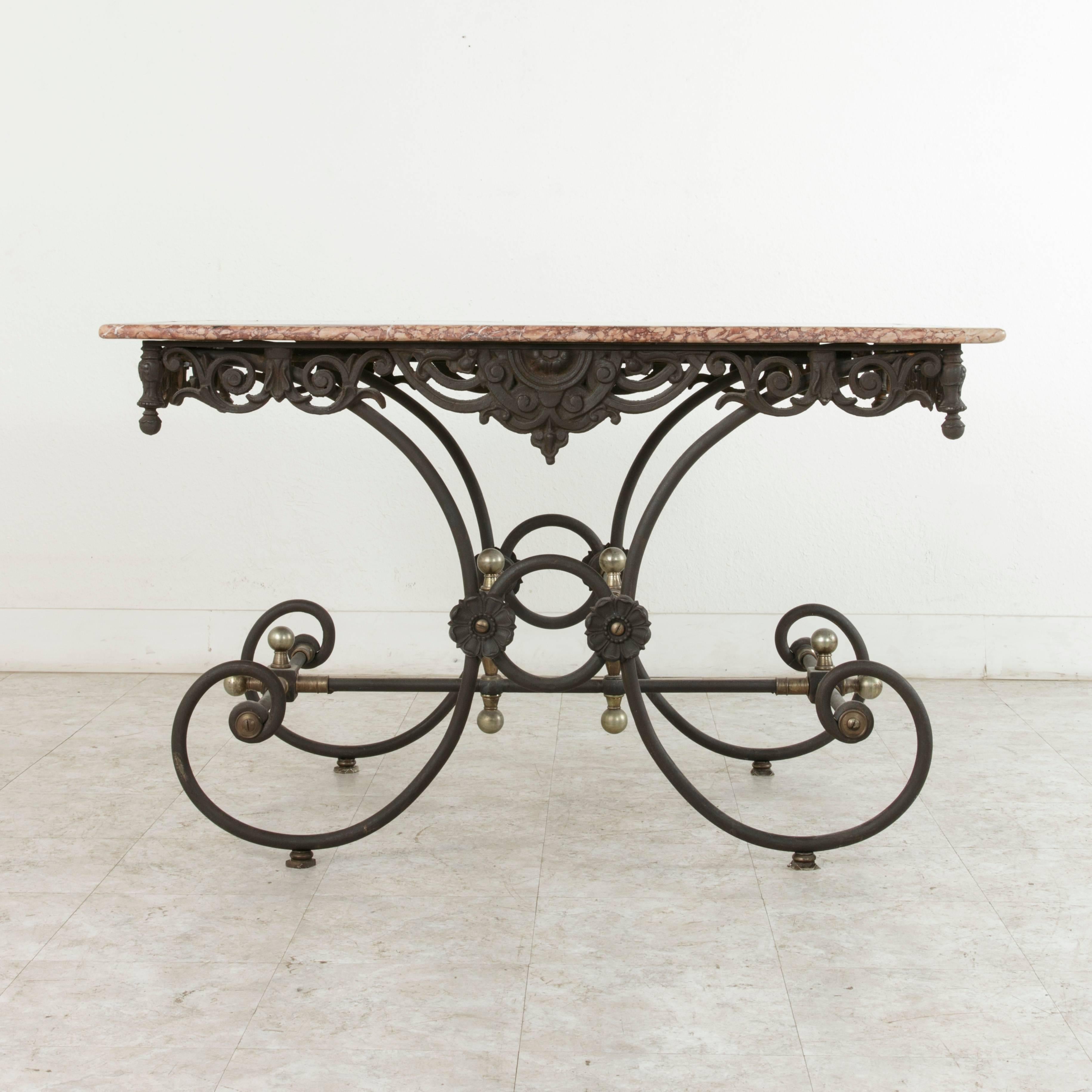 20th Century French Iron Pastry Table with Marble Top and Brass Detailing 1
