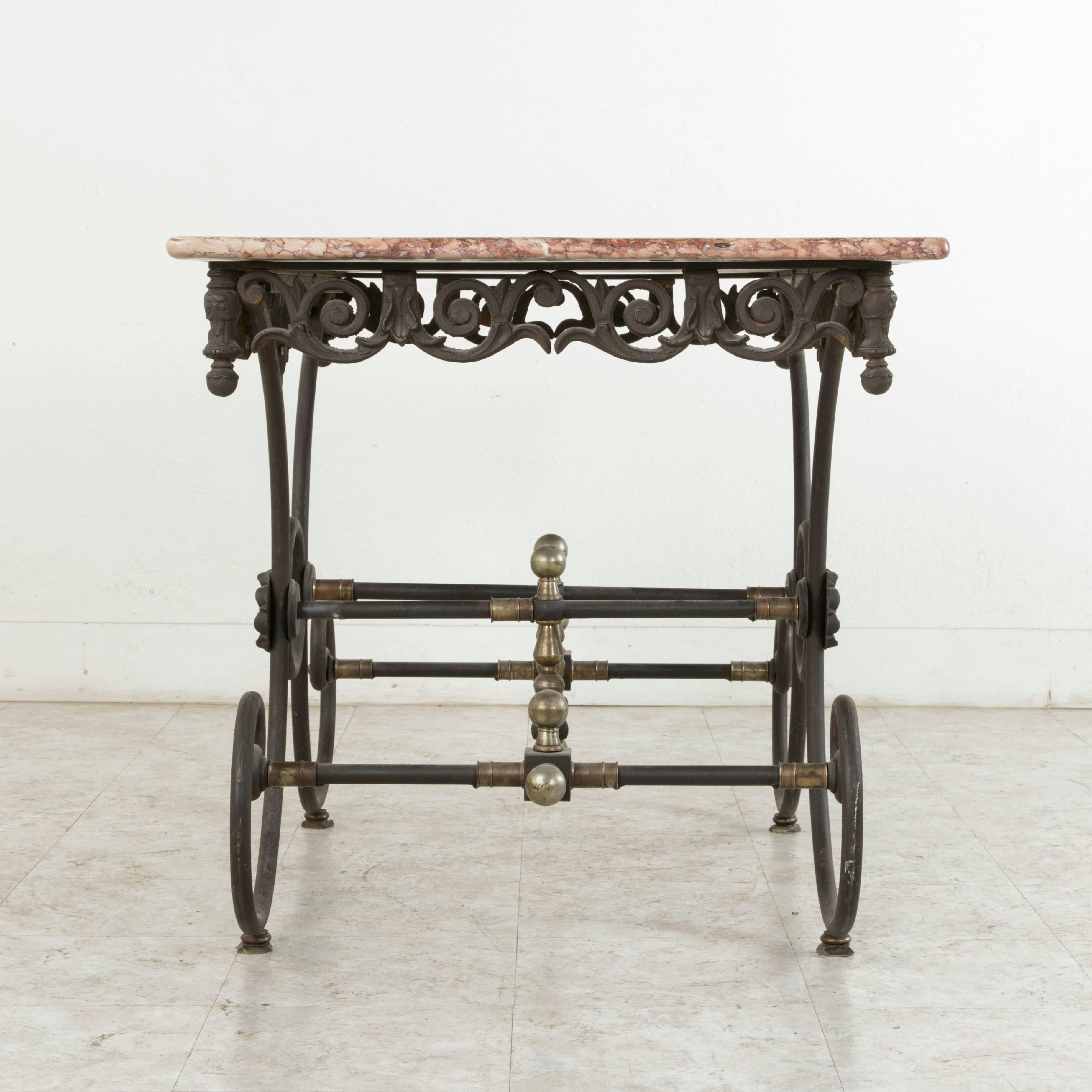 20th Century French Iron Pastry Table with Marble Top and Brass Detailing 2
