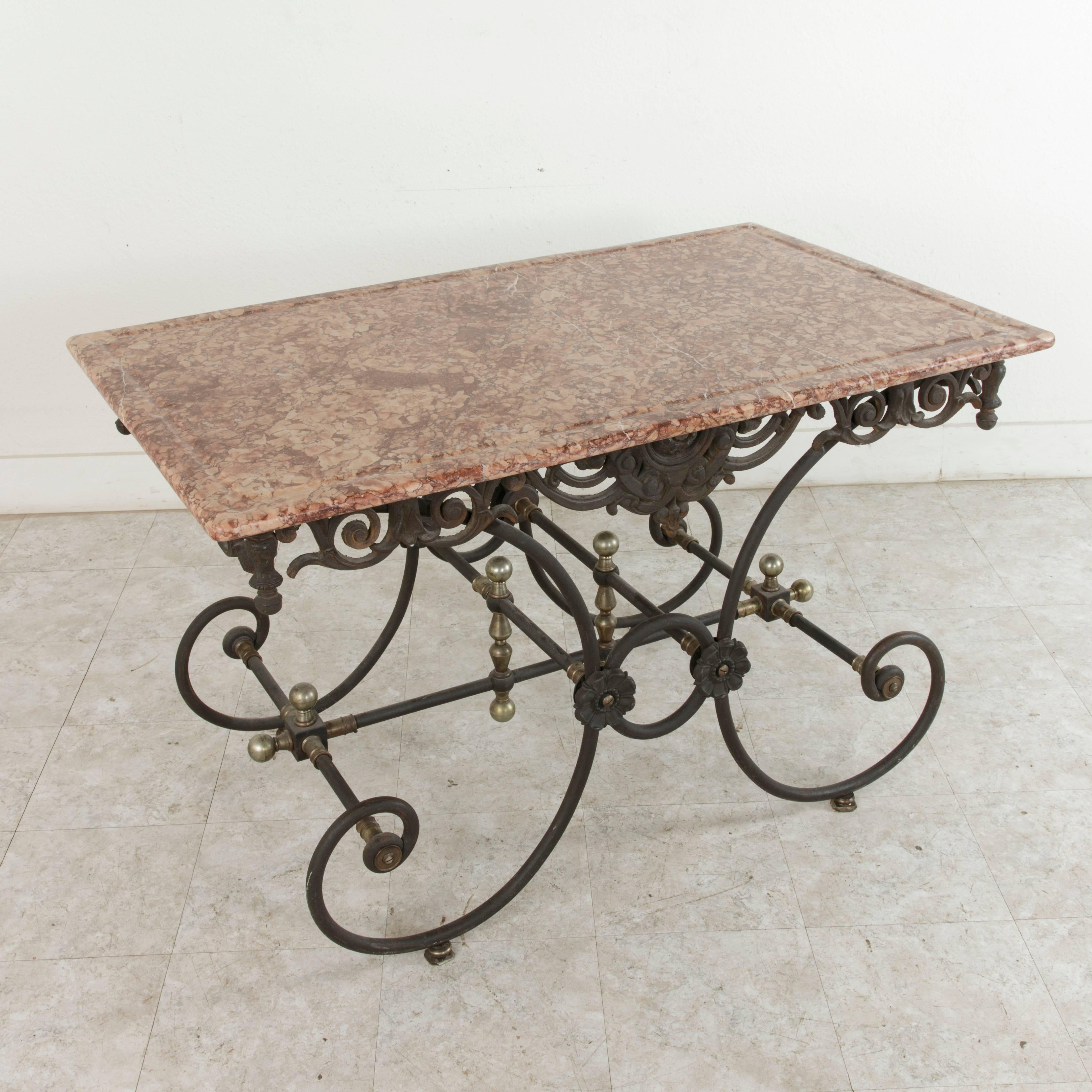 20th Century French Iron Pastry Table with Marble Top and Brass Detailing 3