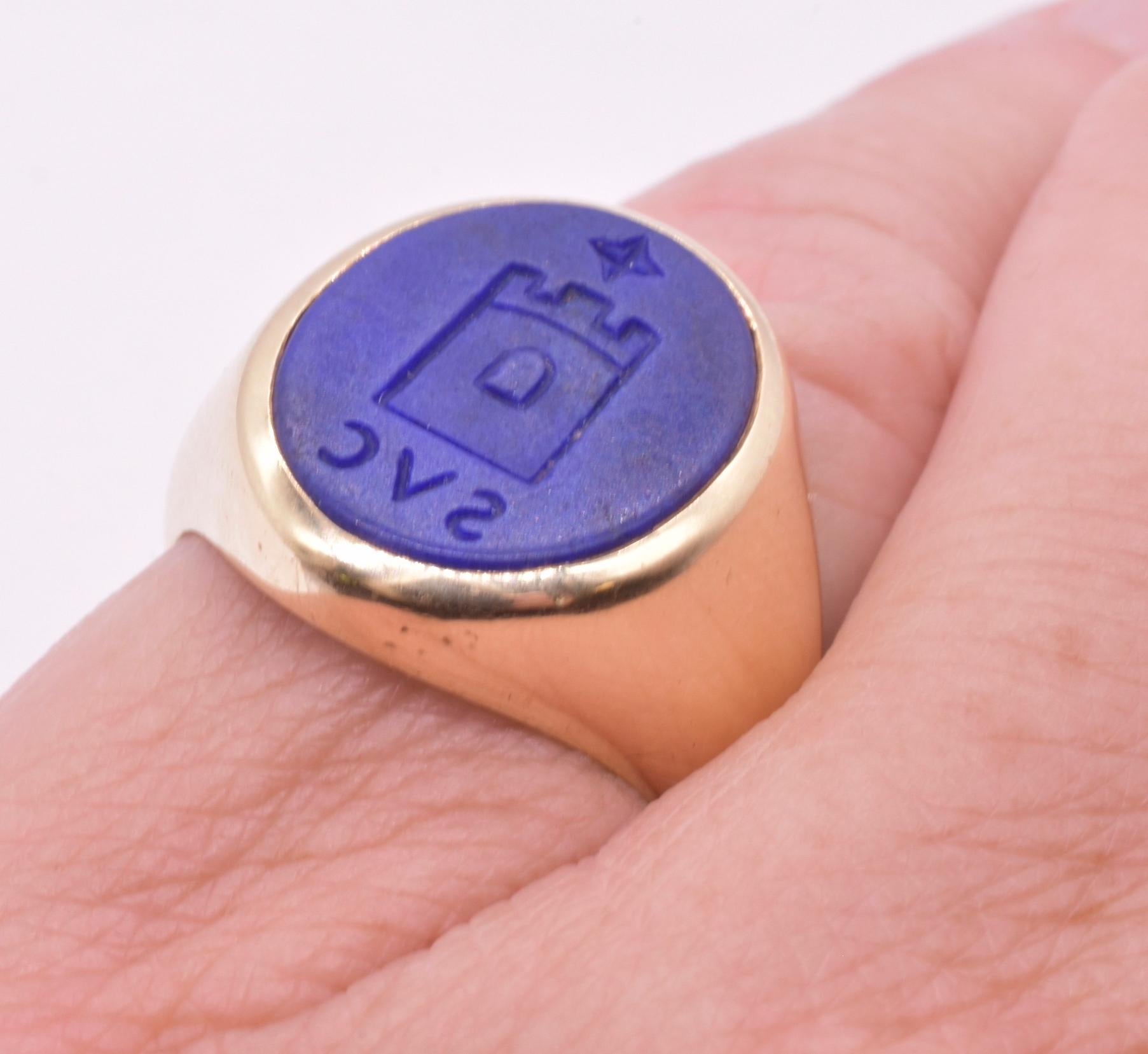 Women's or Men's Twentieth Century  Lapis Lazuli Signet Ring engraved 