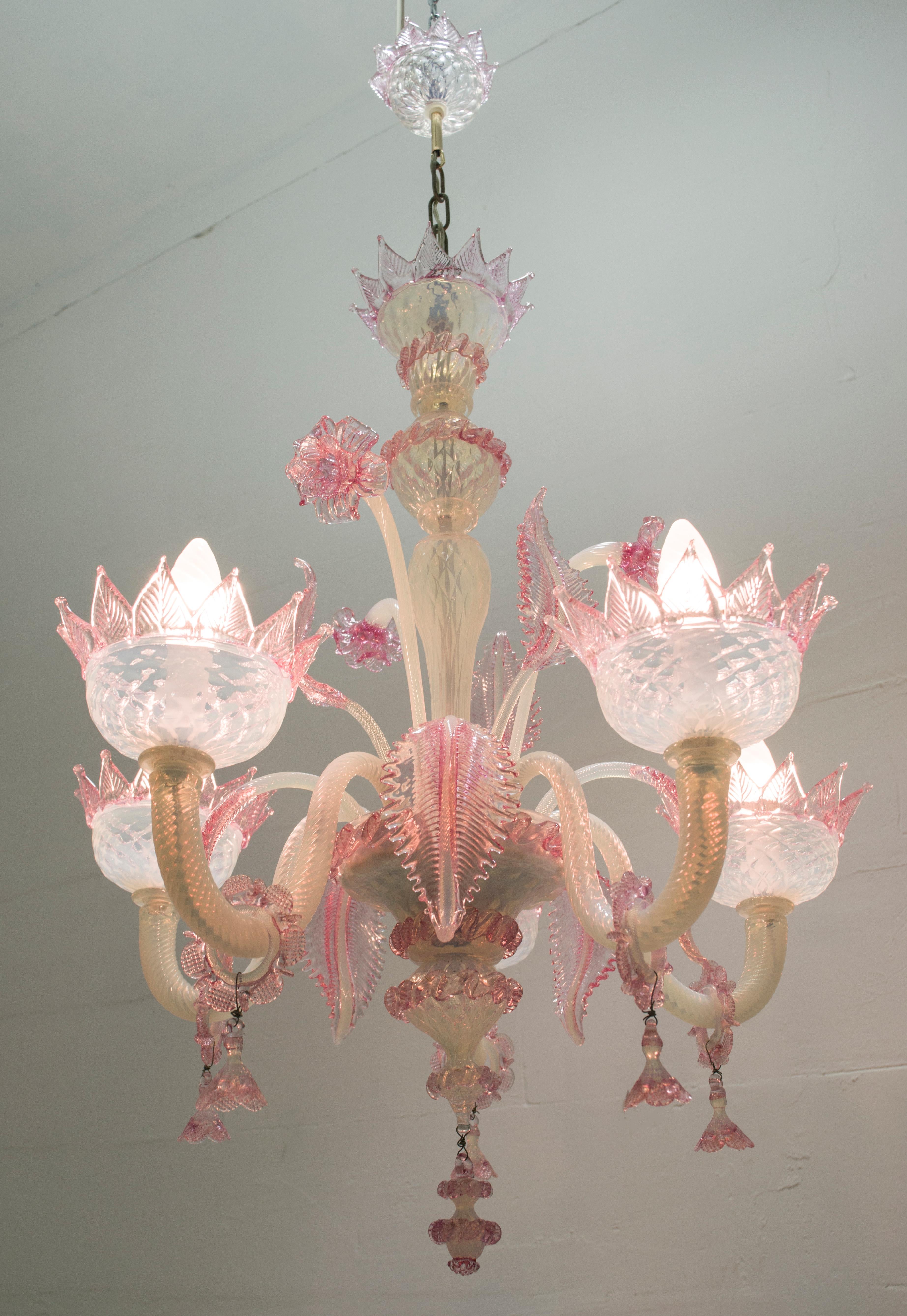 An elegant five-light chandelier in Murano glass with transparent colors and sophisticated finishes in pink and ivory. With a centered bulbous column that emits branches and flowers and finely cuts the Murano glass leaves.

Ca'Rezzonico is the