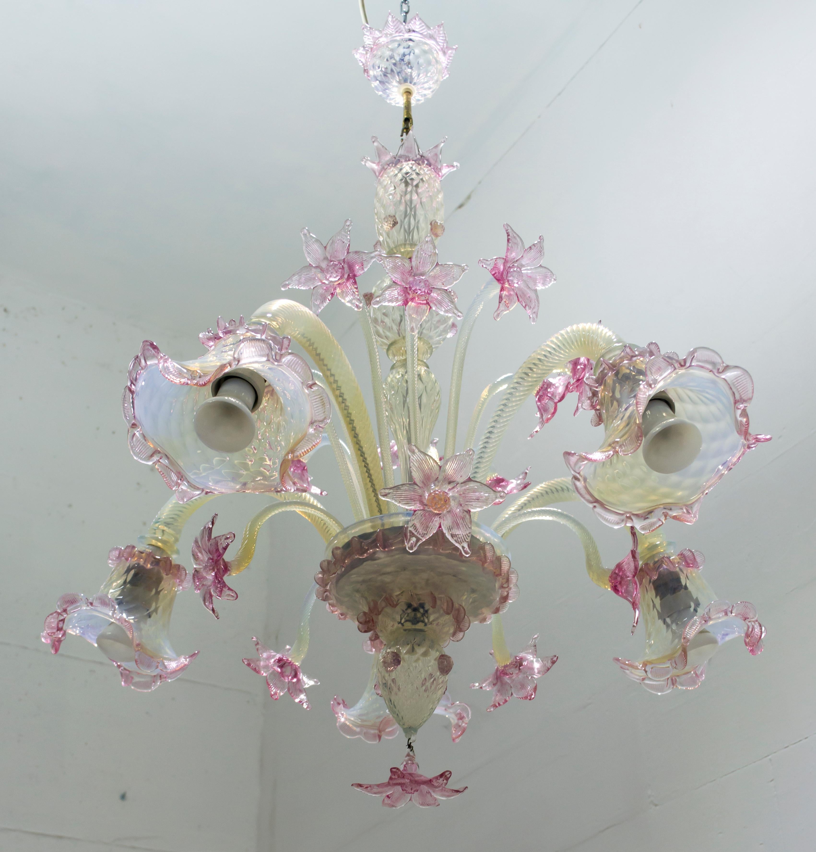 An elegant five-light chandelier in Murano glass with transparent colors and sophisticated finishes in pink and ivory. With a centered bulbous column that emits branches and flowers and finely cuts the Murano glass leaves.

Ca'Rezzonico is the