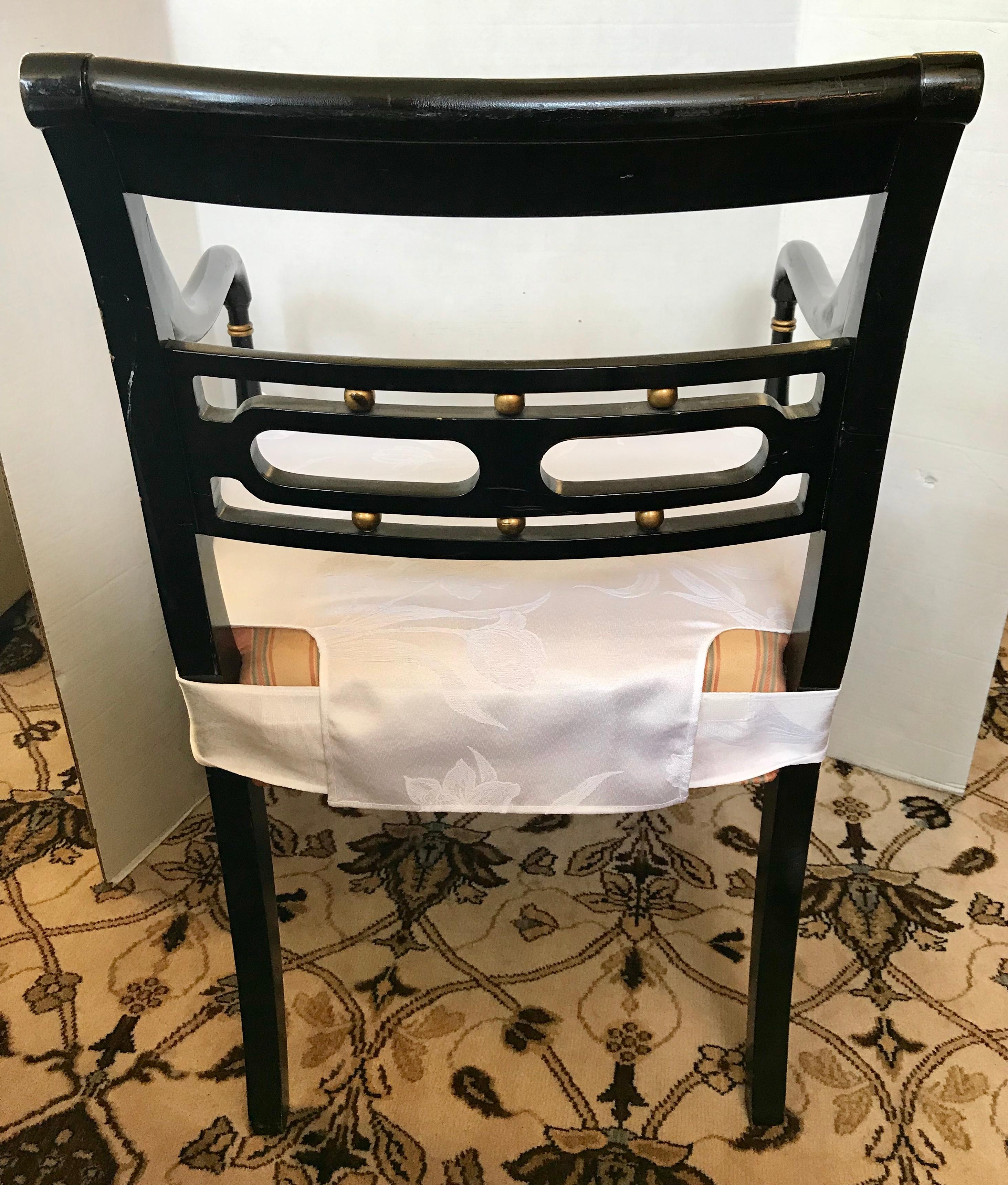 20th Century Regency Style Black Ebonized Dining Arm Chairs Set of Six 5