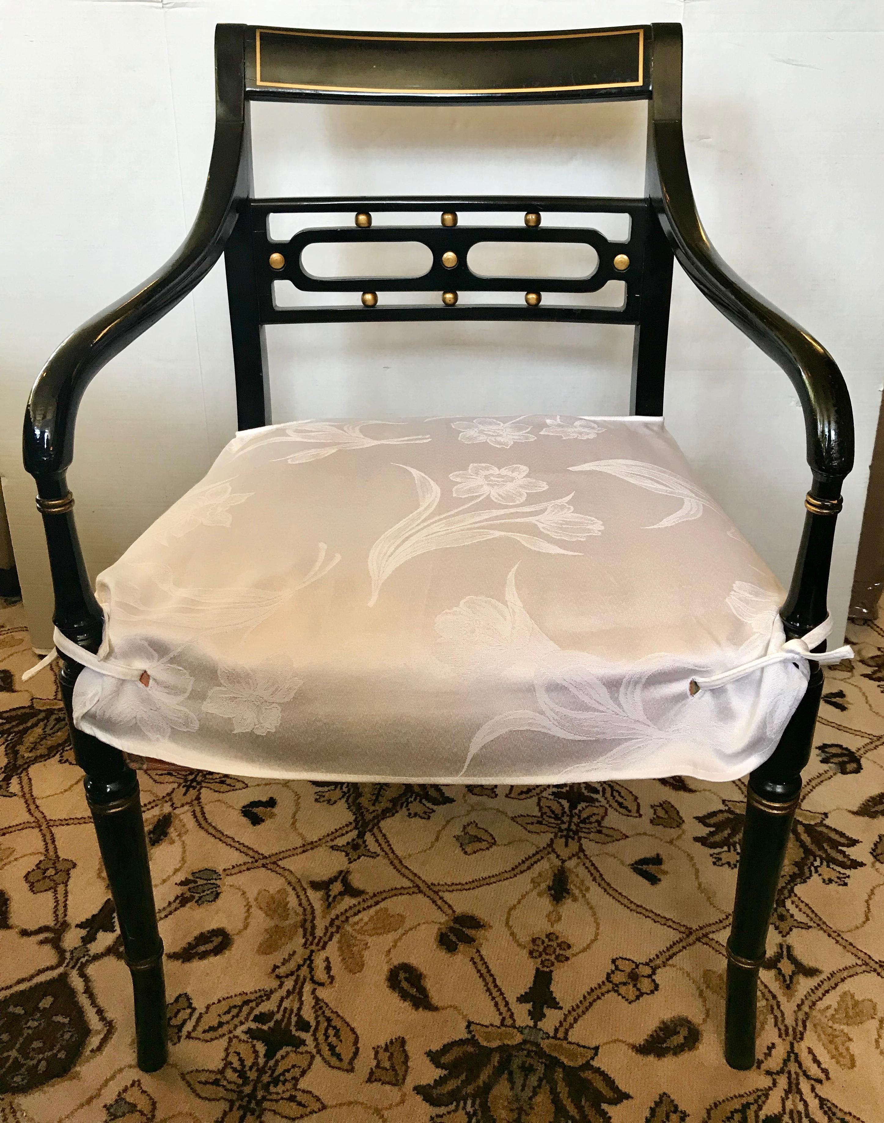 English 20th Century Regency Style Black Ebonized Dining Arm Chairs Set of Six