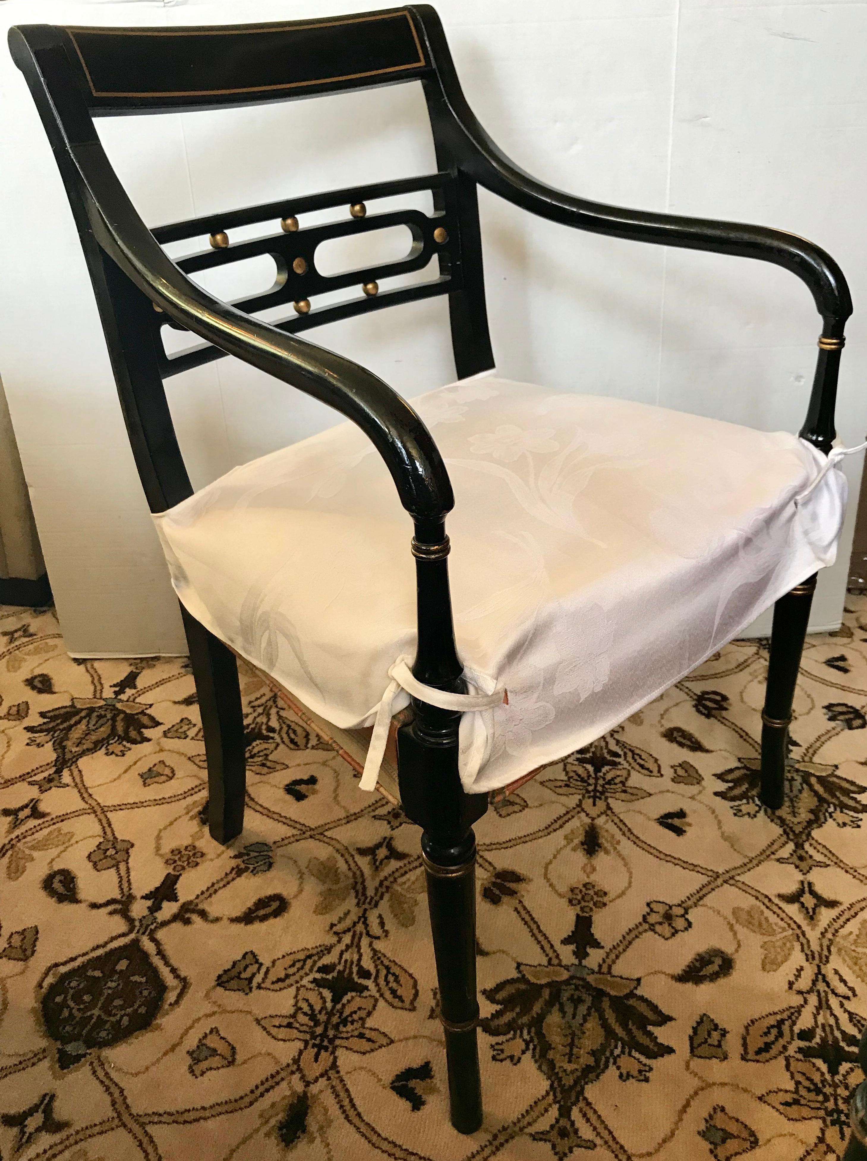 Fabric 20th Century Regency Style Black Ebonized Dining Arm Chairs Set of Six