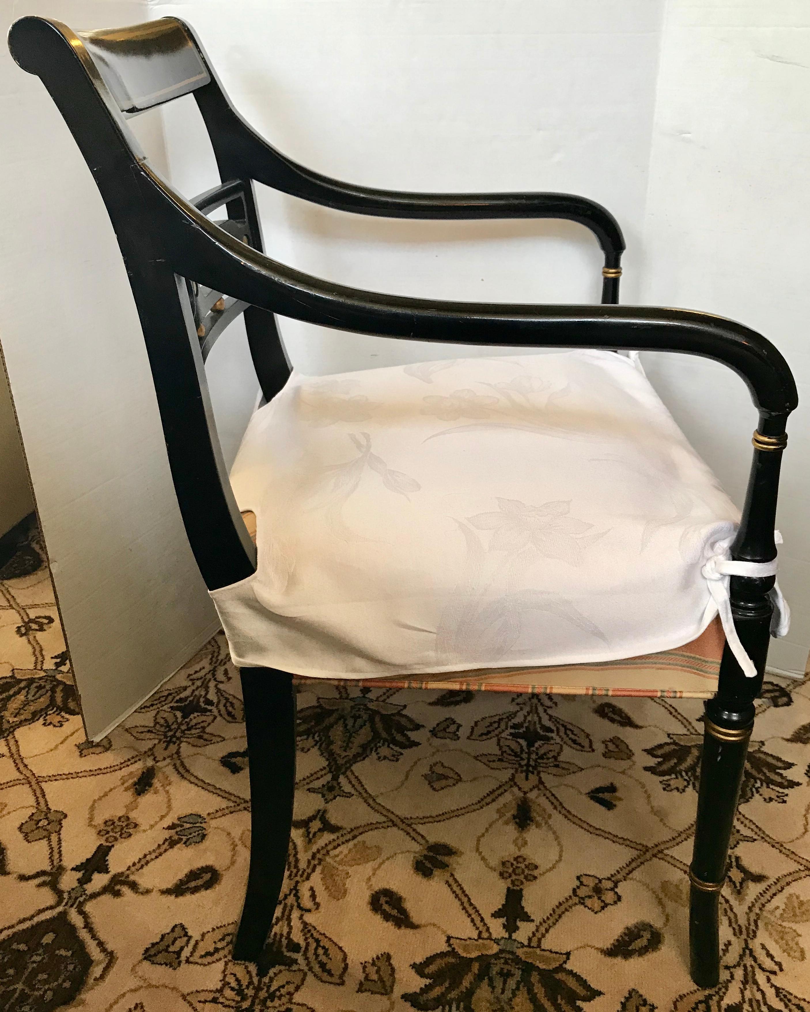 20th Century Regency Style Black Ebonized Dining Arm Chairs Set of Six 1