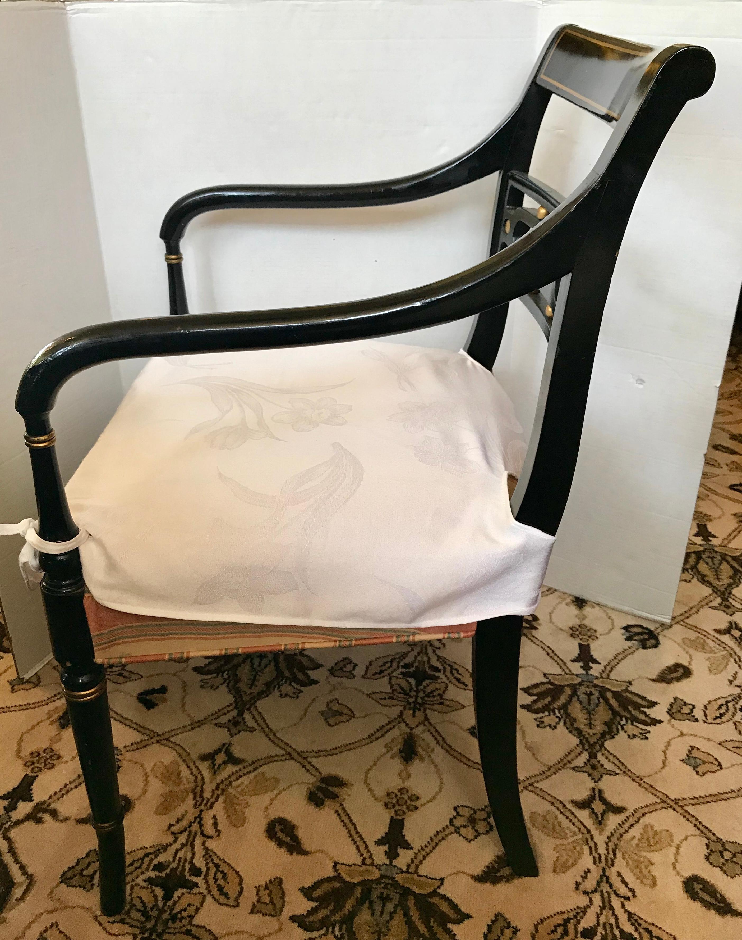 20th Century Regency Style Black Ebonized Dining Arm Chairs Set of Six 2