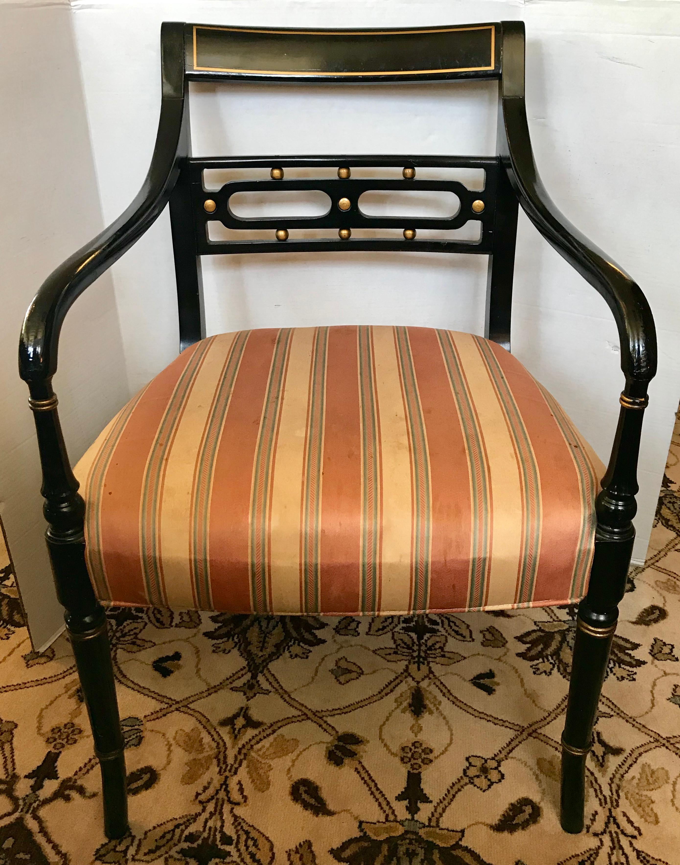 20th Century Regency Style Black Ebonized Dining Arm Chairs Set of Six 3