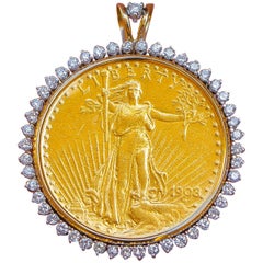 Twenty Dollar 1908 Coin Pendant with Diamond Bezel 1.60 Carat 14 Karat Gold