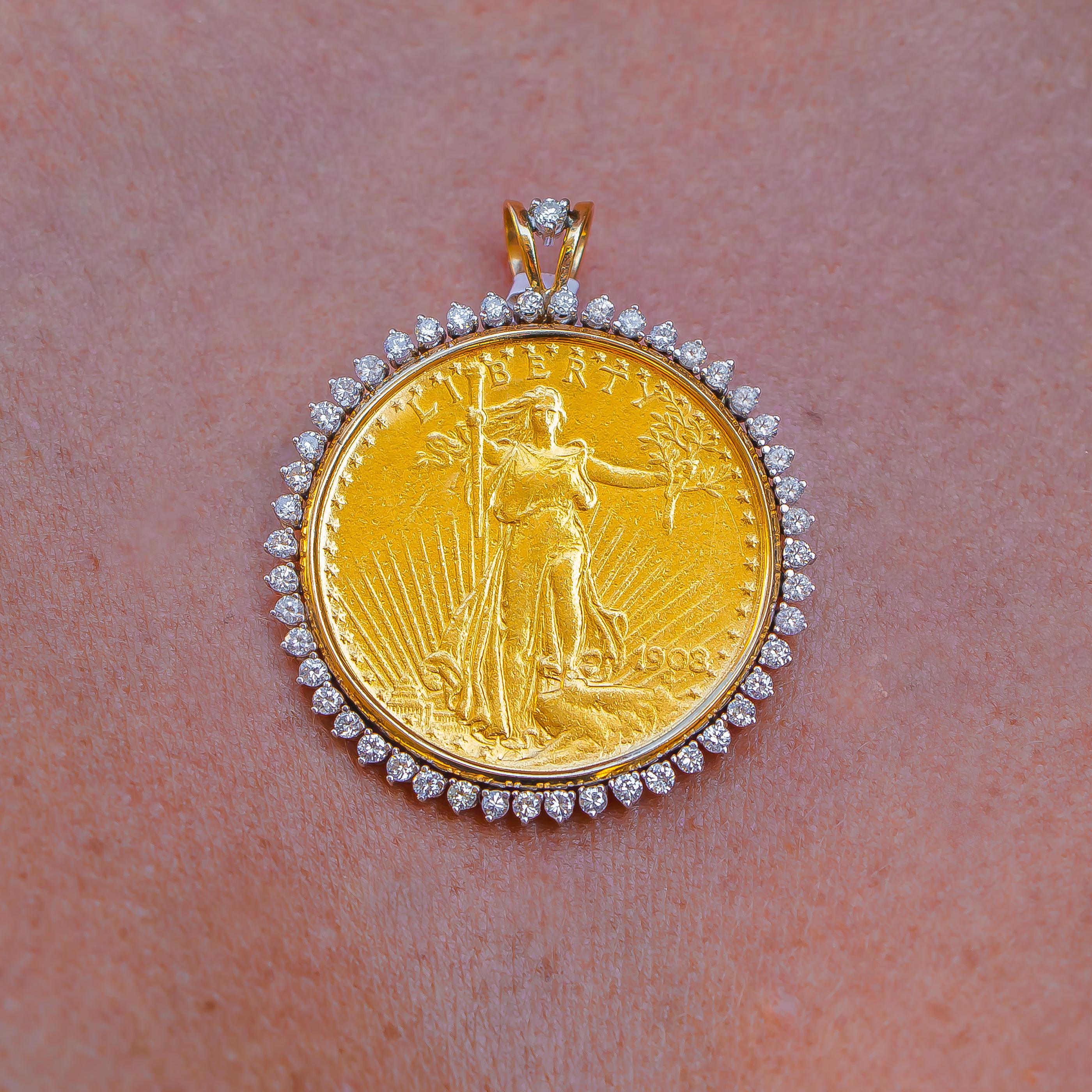 Zwanzig Dollar 1908 Münze Anhänger mit Diamant Lünette 1::60 Karat 14 Karat Gold im Zustand „Hervorragend“ in Las Vegas, NV