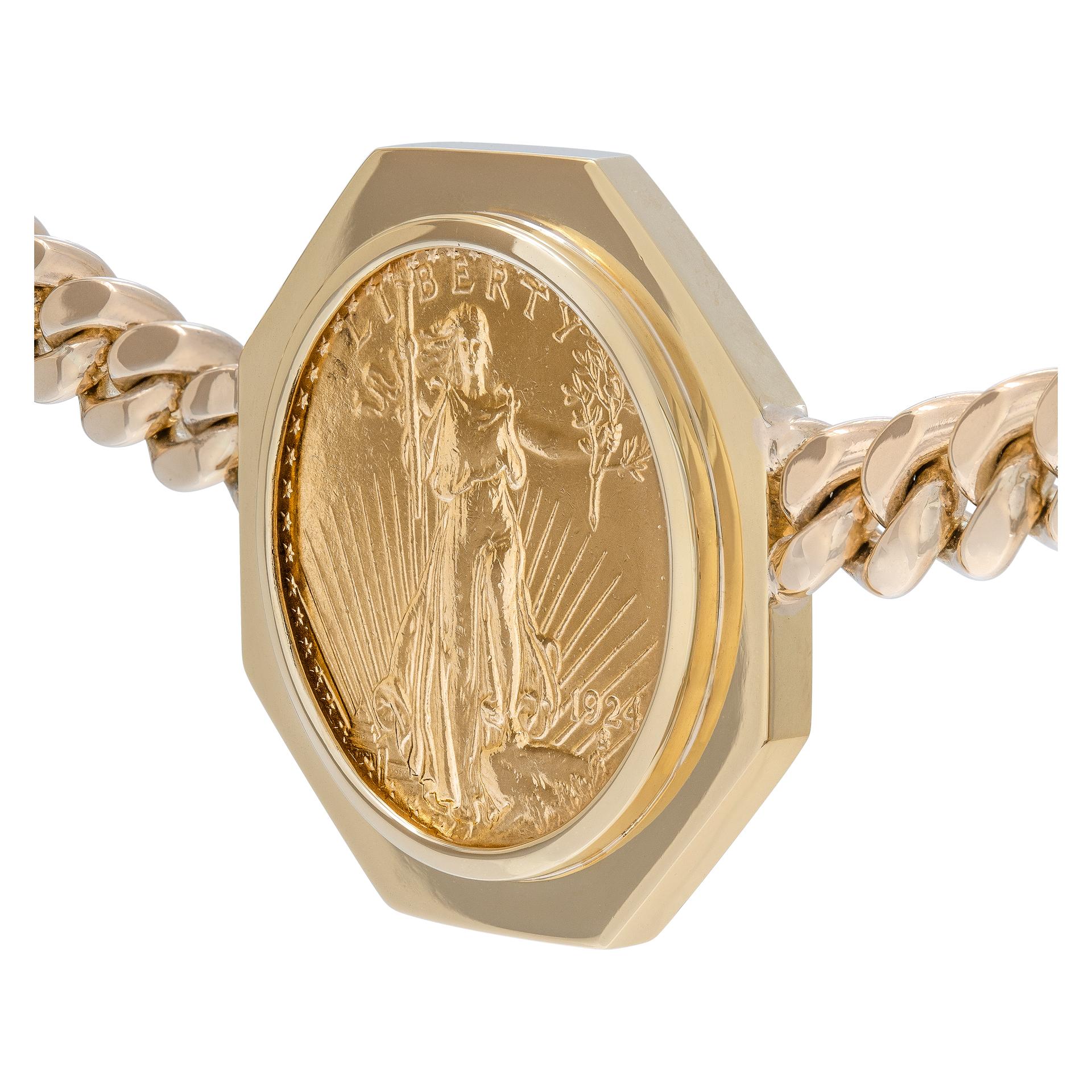 Women's or Men's Twenty dollar U.S. gold piece in a yellow gold octagon frame choker