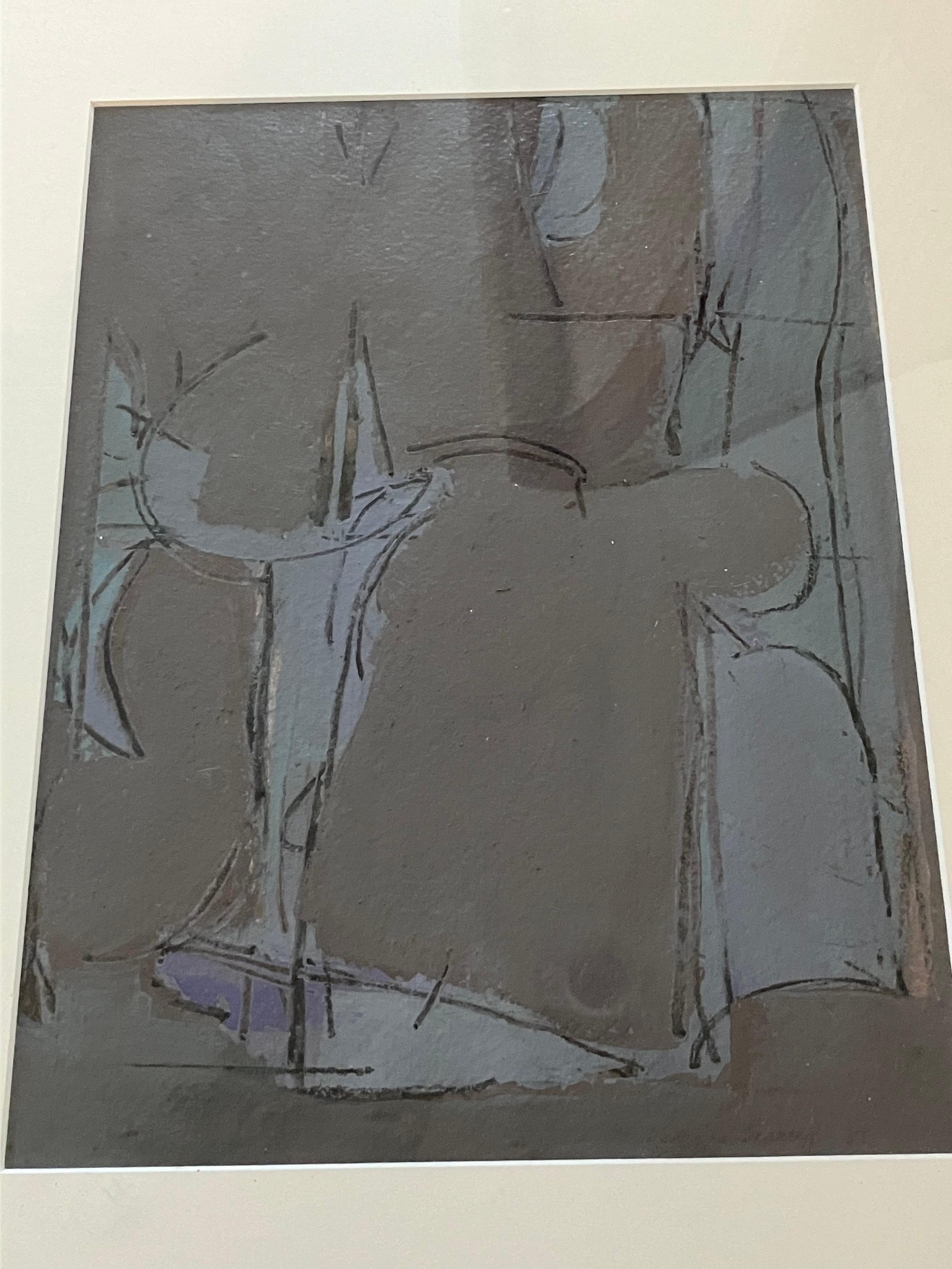 Cette peinture mixte du début du 21e siècle combine le stylo, l'encre et la gouache pour créer une exploration abstraite du bleu et du gris. Matée et présentée dans un cadre en bois doré, la pièce offre une esthétique moderne et