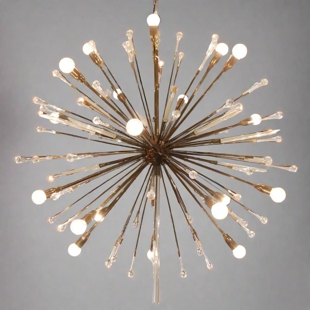 A 20 light Modernist Sputnik chandelier. Patinated brass with brass rods 
extending out from the center in all directions. The rods end with lightbulb sockets , 
crystal teardrops or cut crystal shafts.