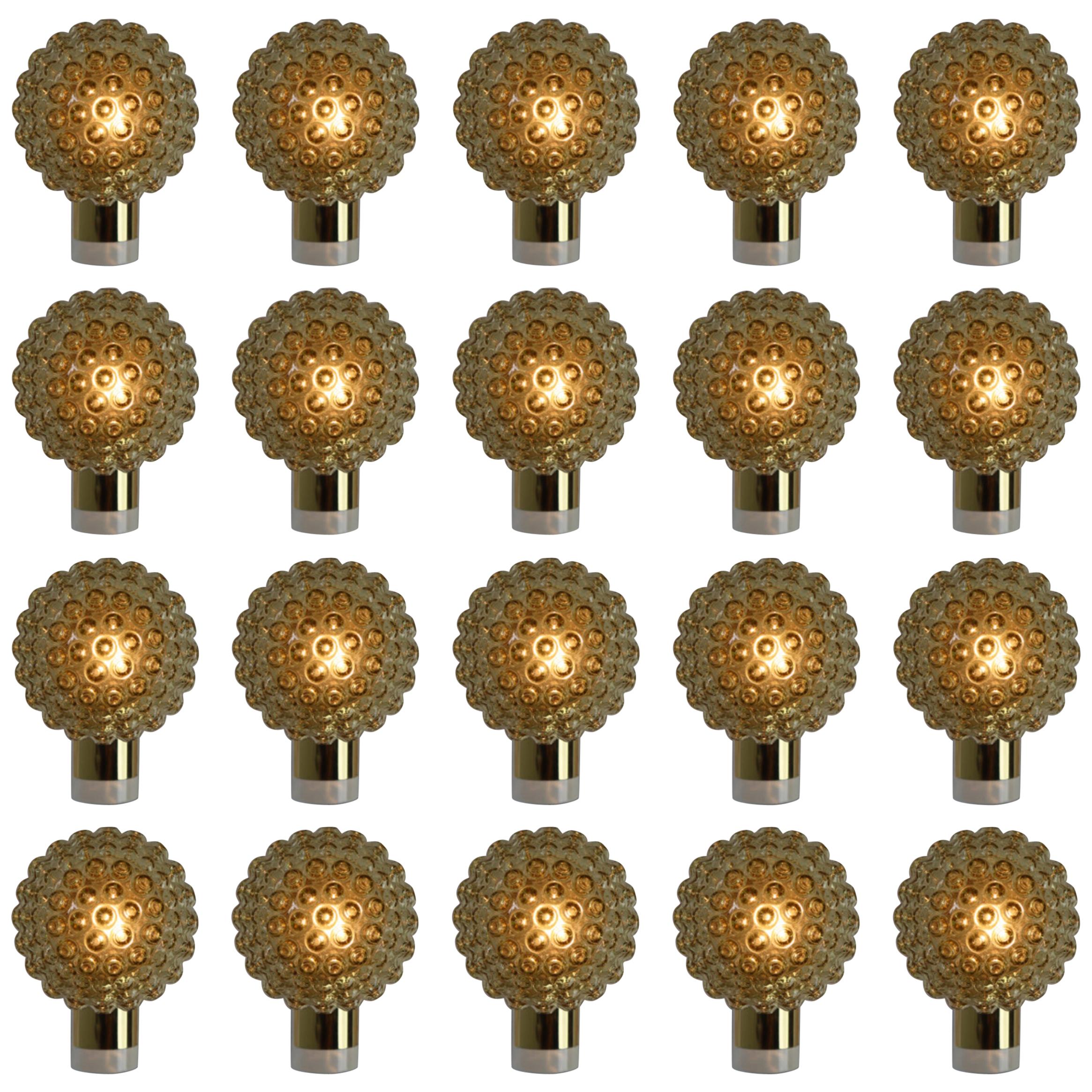 Twenty Midcentury Wall Lights Scones with Amber Glass and Brass, Italy, 1970s