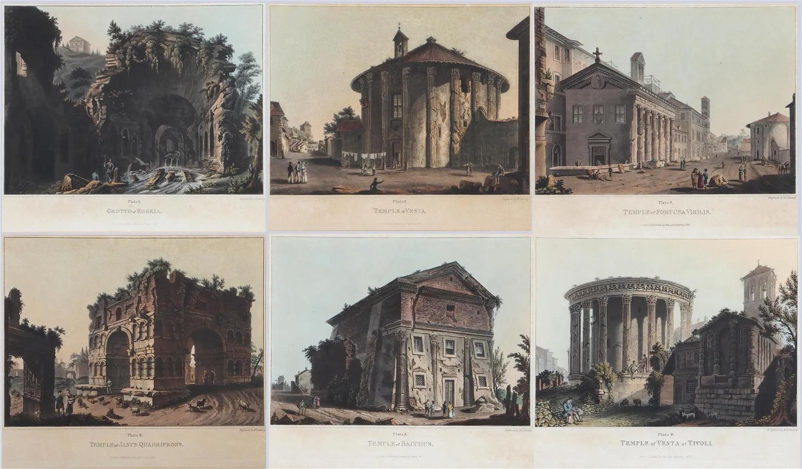 By Matthew Dubourg [British, active 1808-1838]. Complete set of 26 views of the remains of ancient buildings in Rome and its vicinity. Beautifully matted with giltwood frames. Ready to hang. Provenance; The O'Shea Gallery. 120A Mount Street,