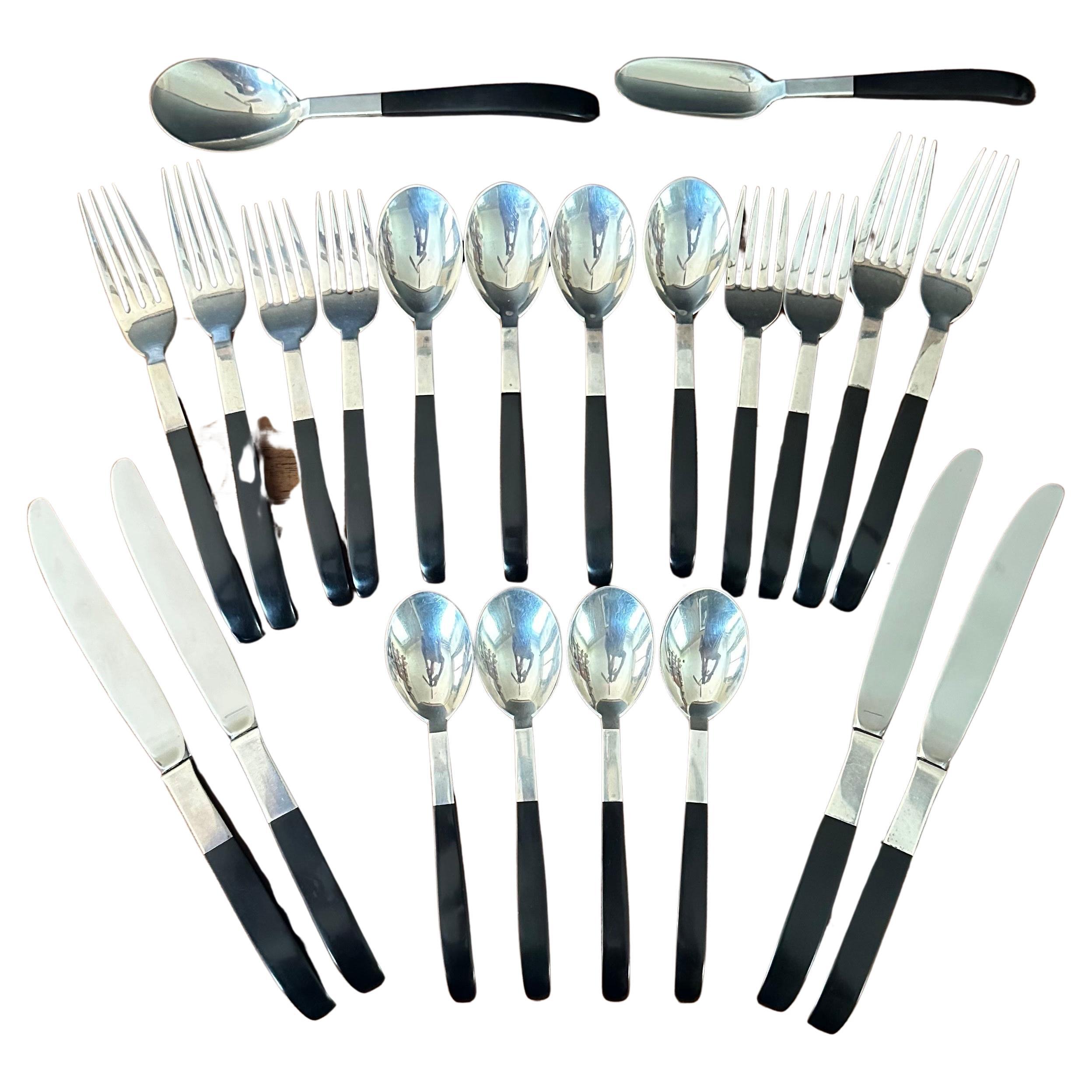 Twenty-Two Piece Set of Sterling Silver and Ebony "Contrast" Flatware by Lunt For Sale