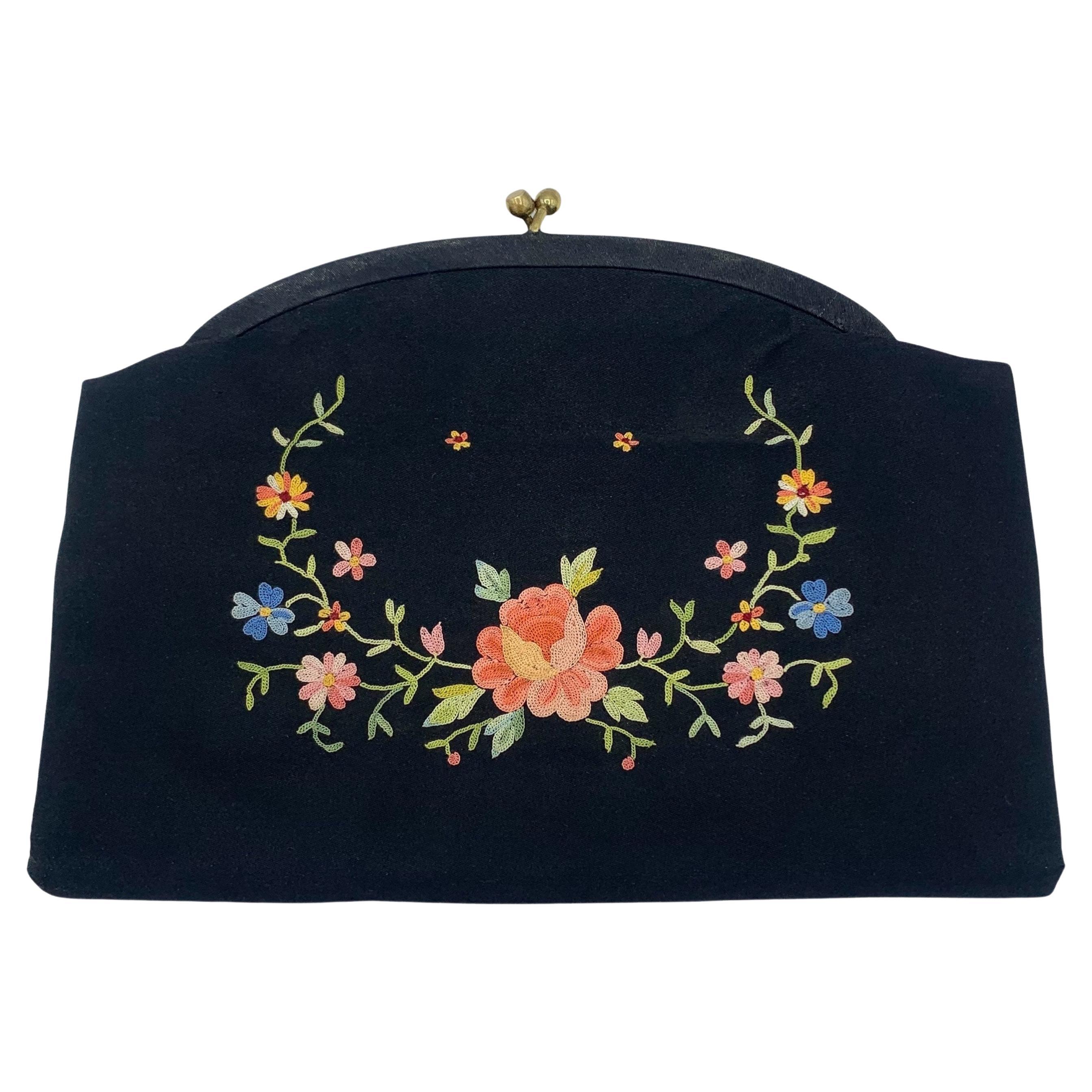 Twifaille by Rosenfeld Black Satin Hand Embroidered Clutch Purse, 1950s For Sale