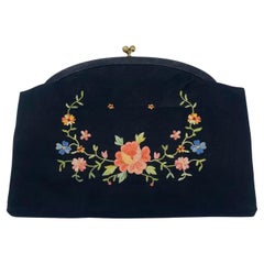 Vintage Twifaille by Rosenfeld Black Satin Hand Embroidered Clutch Purse, 1950s