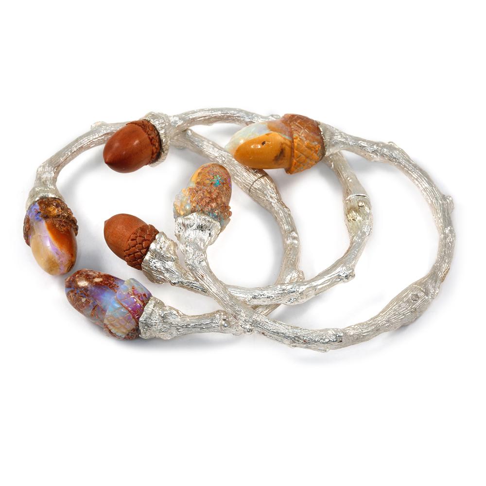Contemporary Twig Cuff in Sterling Silver with Carved Sawo Wood Acorns For Sale