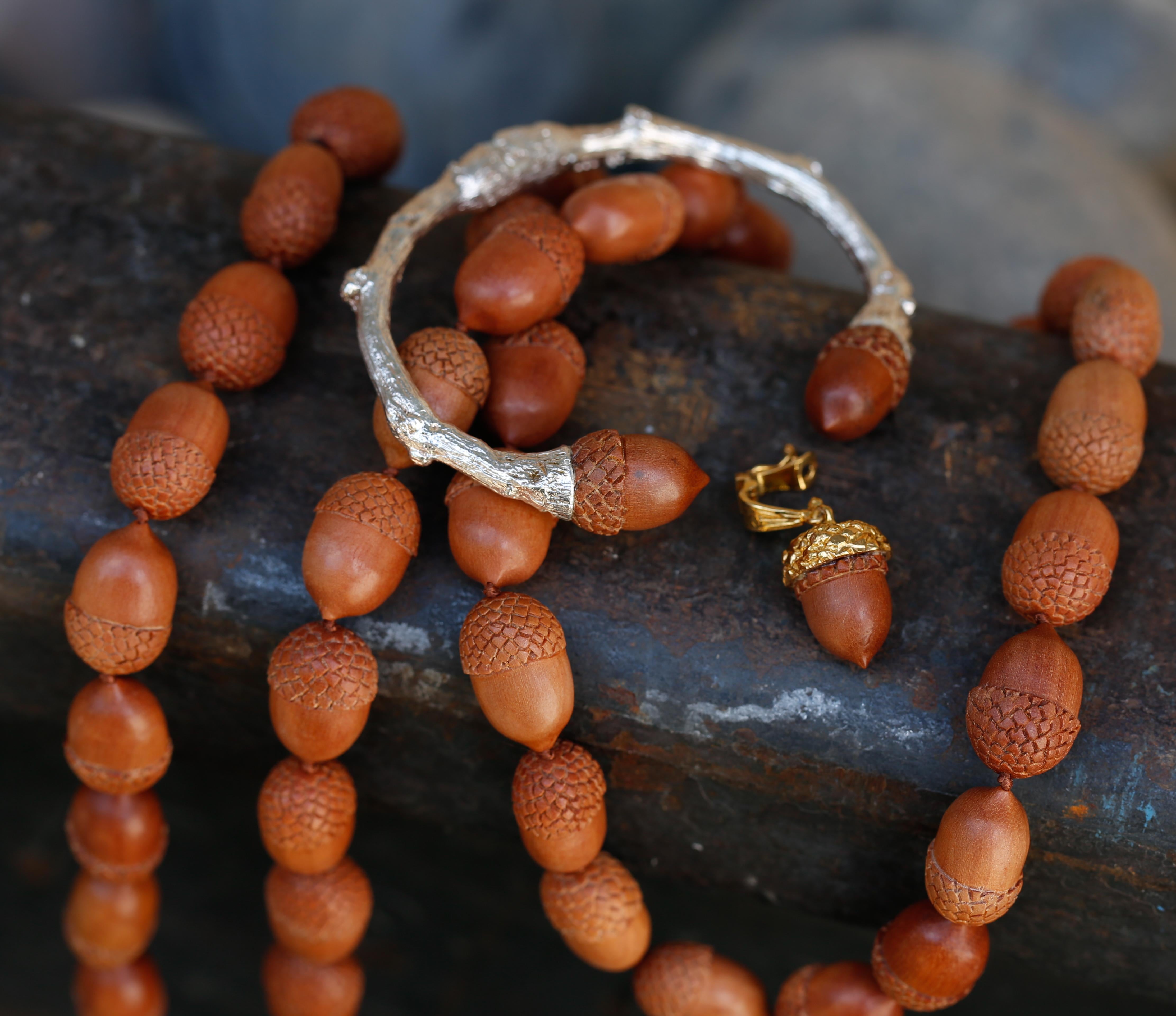 Twig Cuff in Sterling Silver with Carved Sawo Wood Acorns In New Condition In Solana Beach, CA