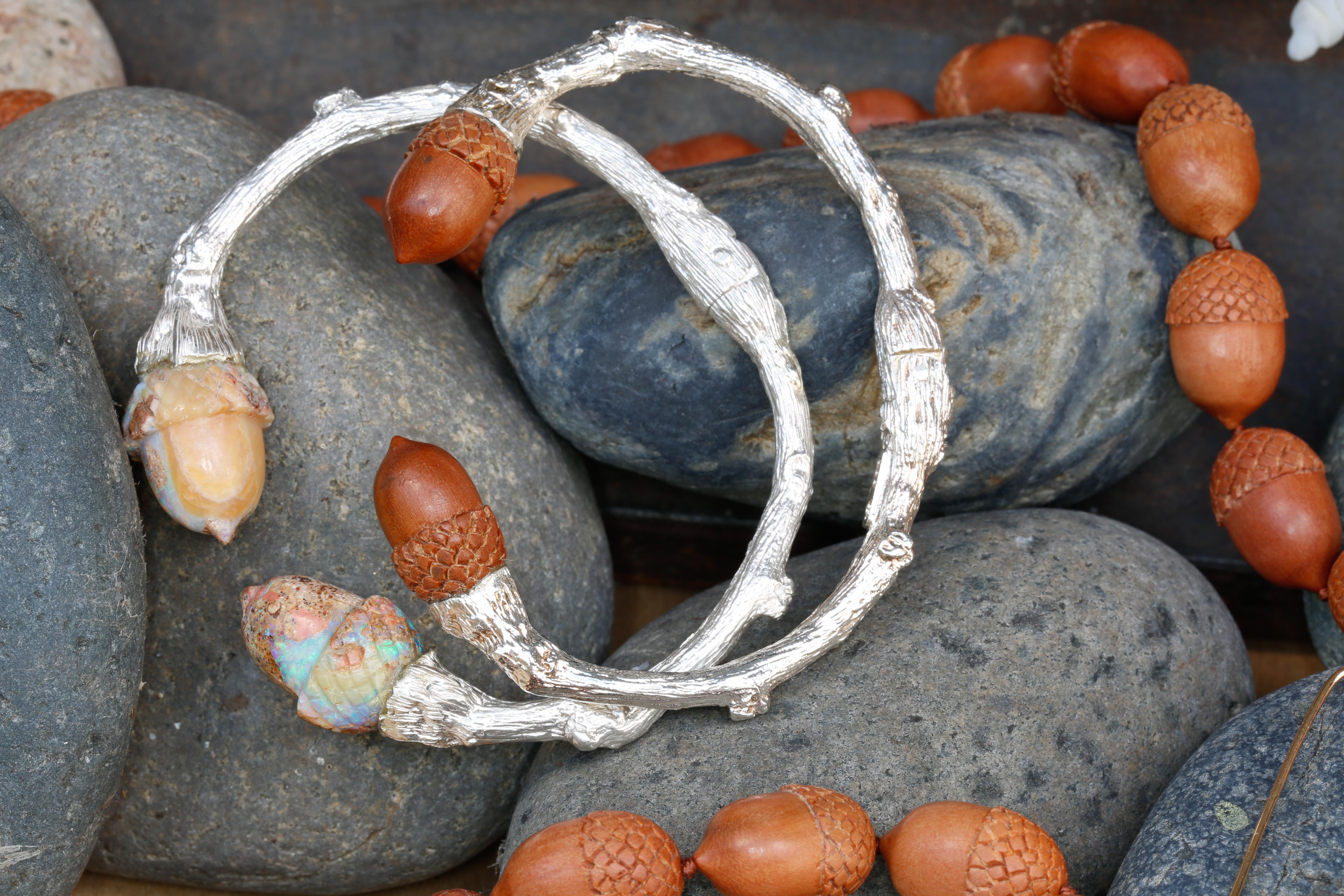 Women's or Men's Twig Cuff in Sterling Silver with Carved Sawo Wood Acorns For Sale