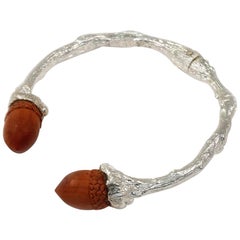 Twig Cuff in Sterling Silver with Carved Sawo Wood Acorns