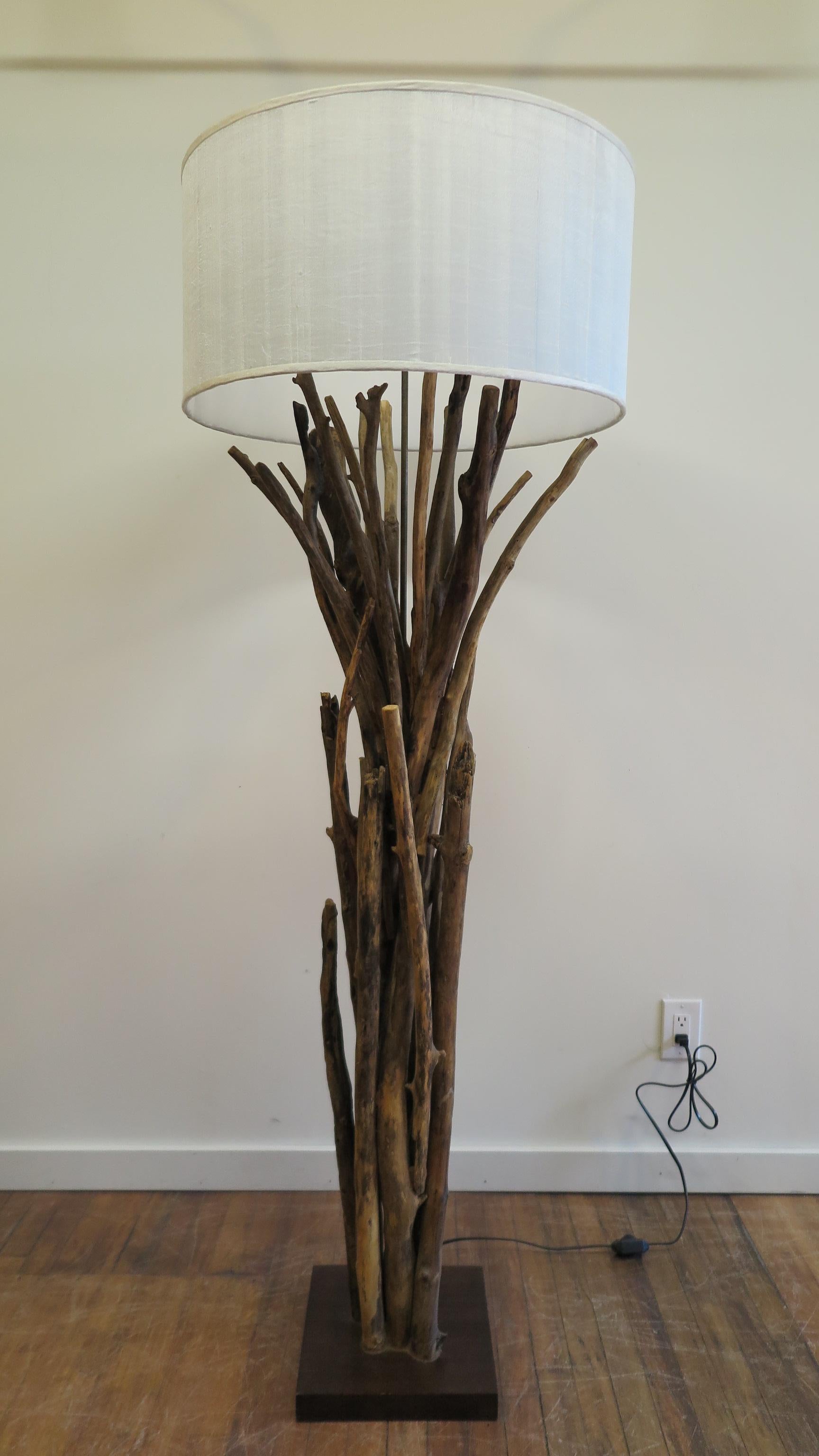 Twig floor lamp, driftwood Lamp rustic Country style with linen shade. A Tree Branch lamp Complete with dimmer on and off switch on cord, and also a pull switch on the lamp socket. This allows you to set the dimmer to your liking and maintain the