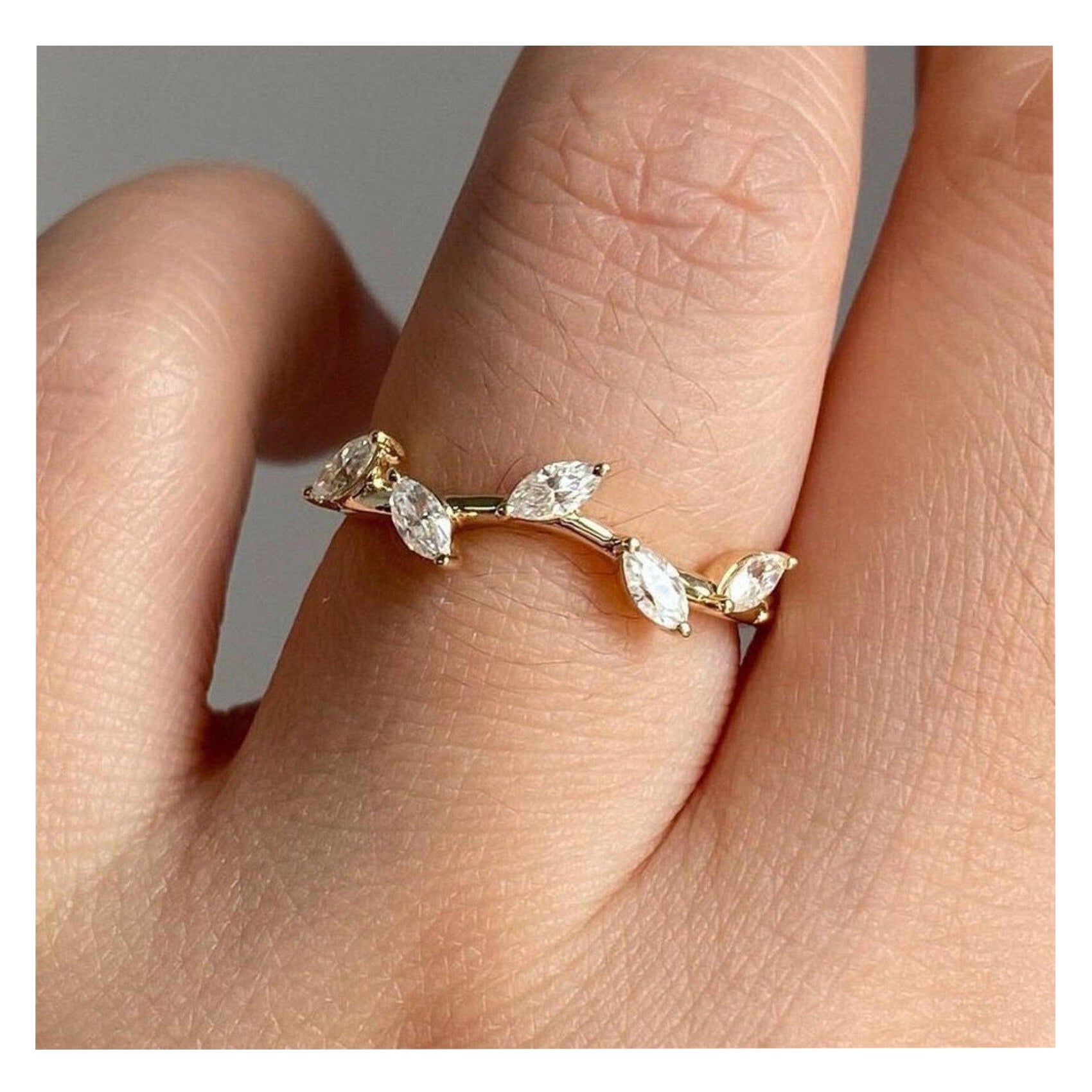 Twig Leaf Wedding Ring 925 Sterling Silver Marquise Cut Moissanite Band For Her.