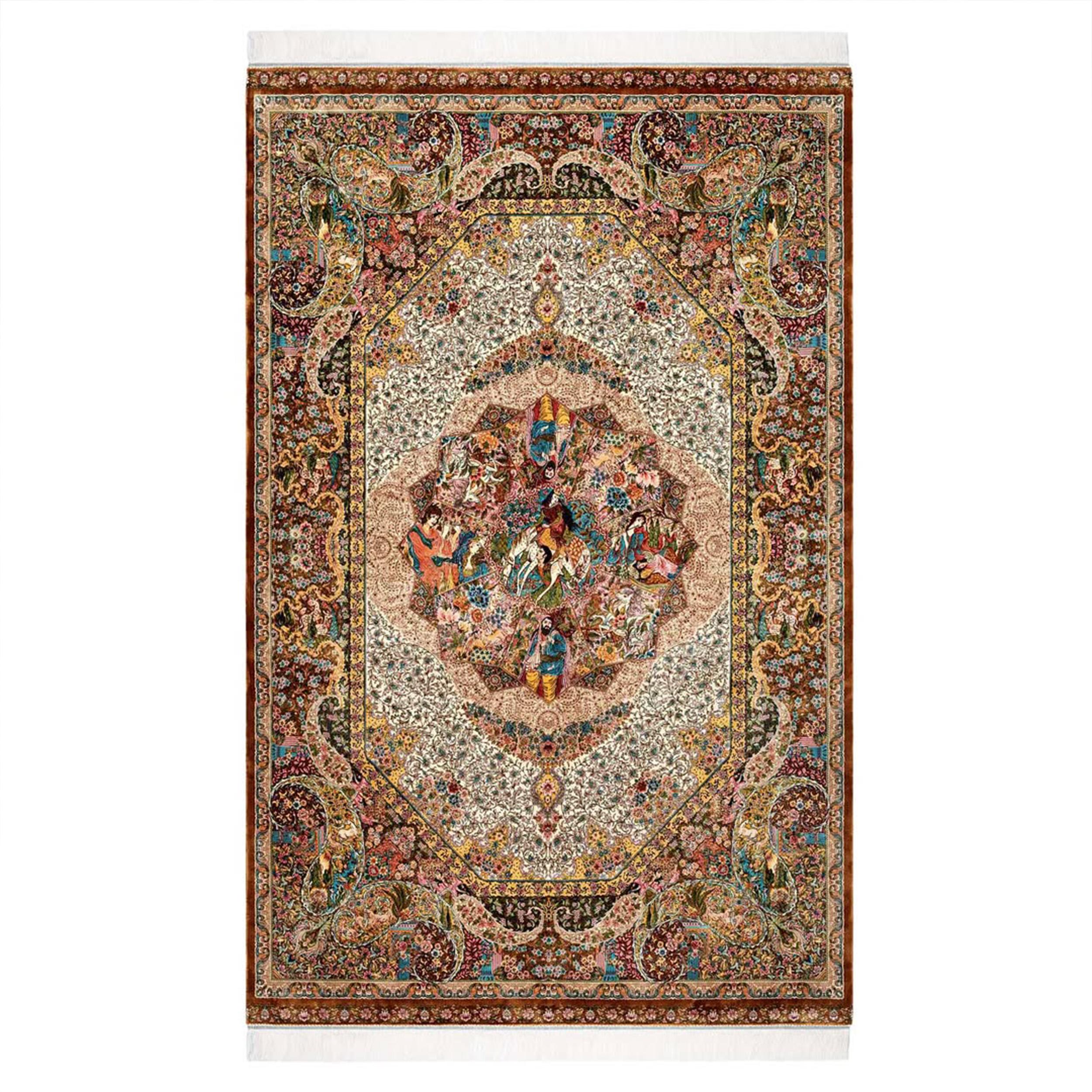 Signed Persian Silk Rug in Safavid Style with Garden Party Scene, 0060 For Sale 3