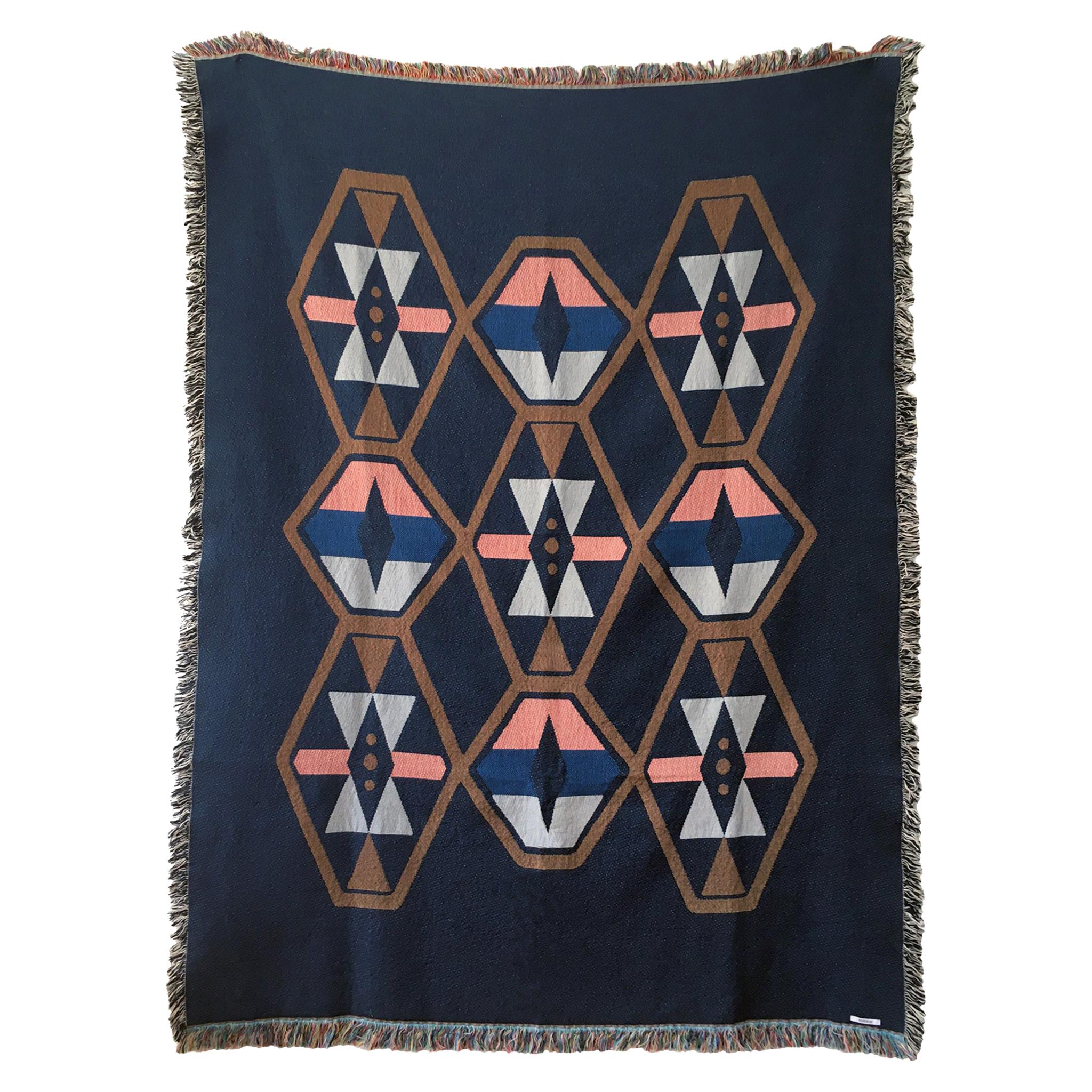 Woven Cotton Throw Blanket in Twilight Navy Blue Geometric Pattern