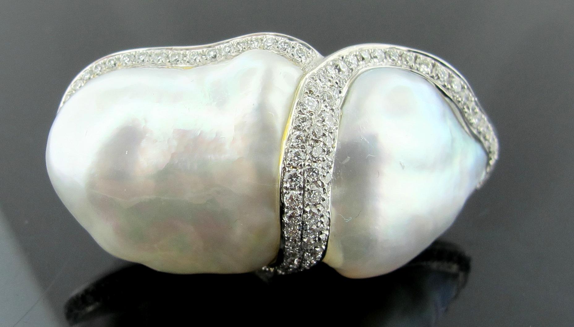 Round Cut Twin Baroque Pearl Ring with Diamonds in 18 Karat White Gold For Sale