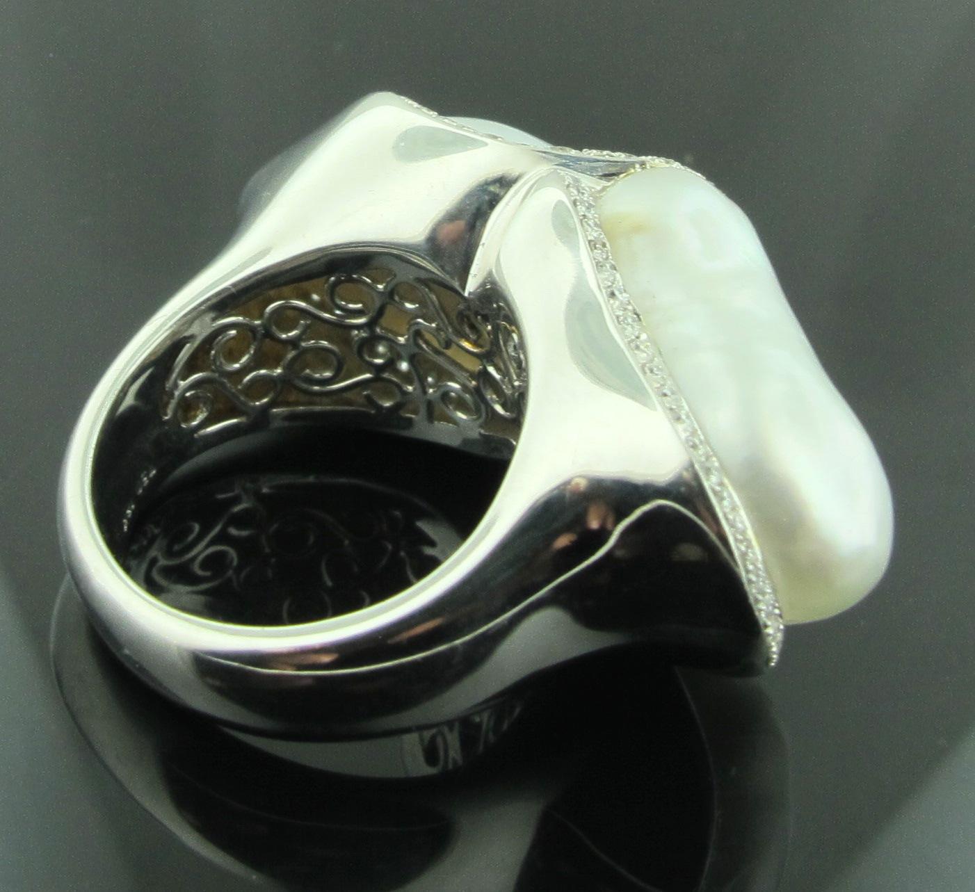 Women's or Men's Twin Baroque Pearl Ring with Diamonds in 18 Karat White Gold For Sale